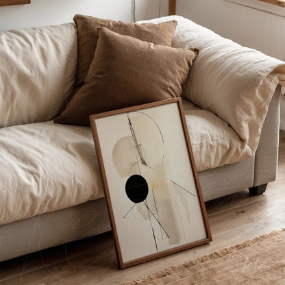 framed wall art with abstract design featuring geometric shapes and cream background leaning against neutral sofa