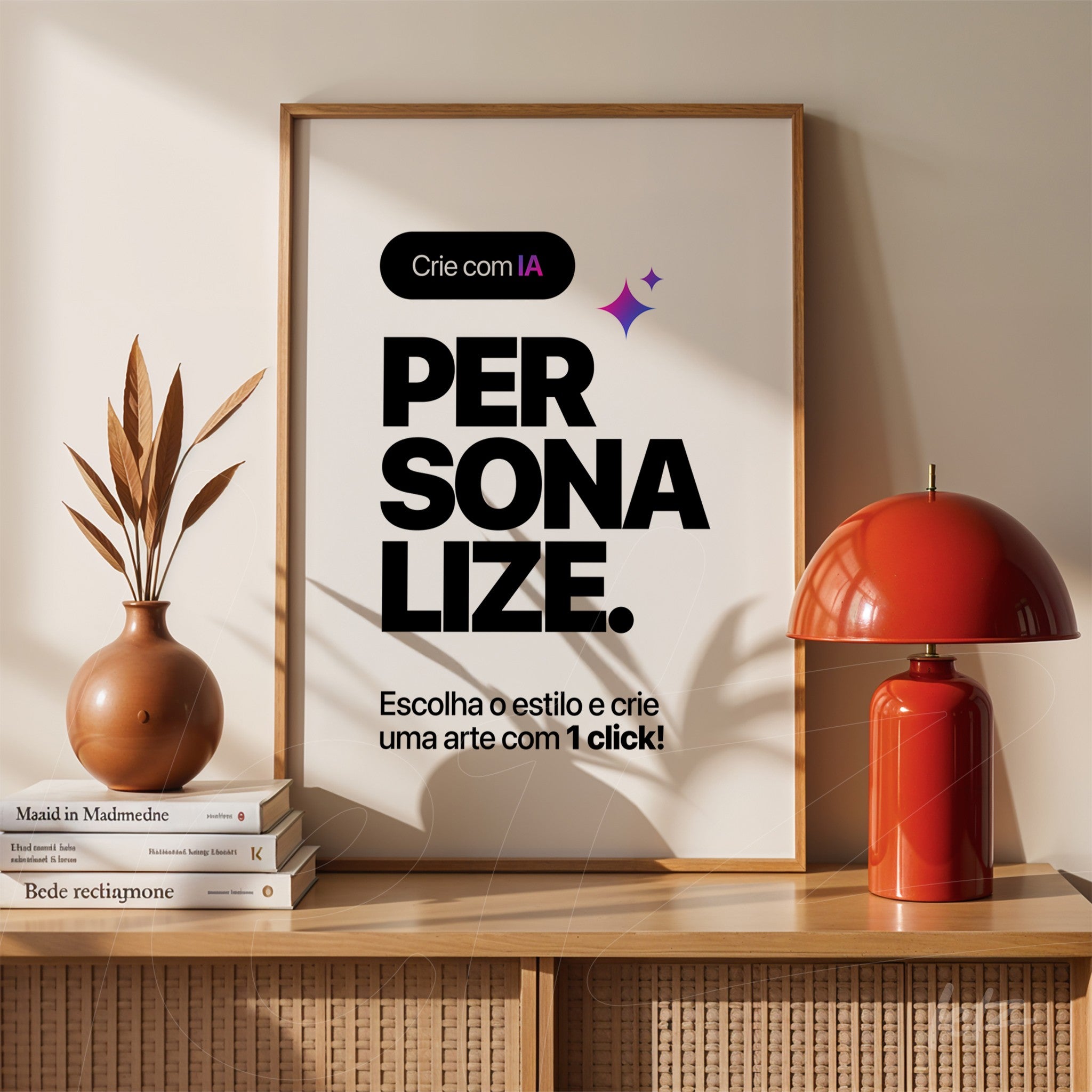 decorative wall art featuring white background and bold black typography about creating with artificial intelligence in a light frame displayed on a wooden table next to a plant vase