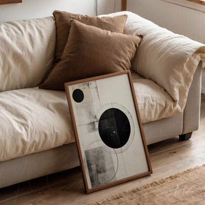 abstract wall art featuring black and white geometric shapes leaning against a light sofa with brown pillows