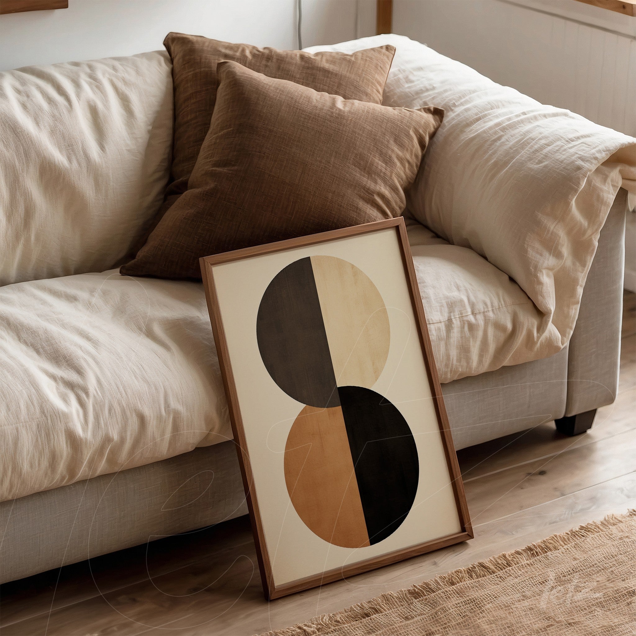 framed abstract wall art in black, light wood, and beige tones leaning against a light fabric sofa with brown cushions