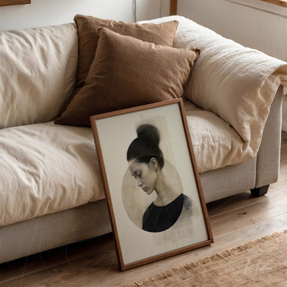 framed abstract portrait art of a female figure in light wood frame leaning against a neutral sofa with brown cushions