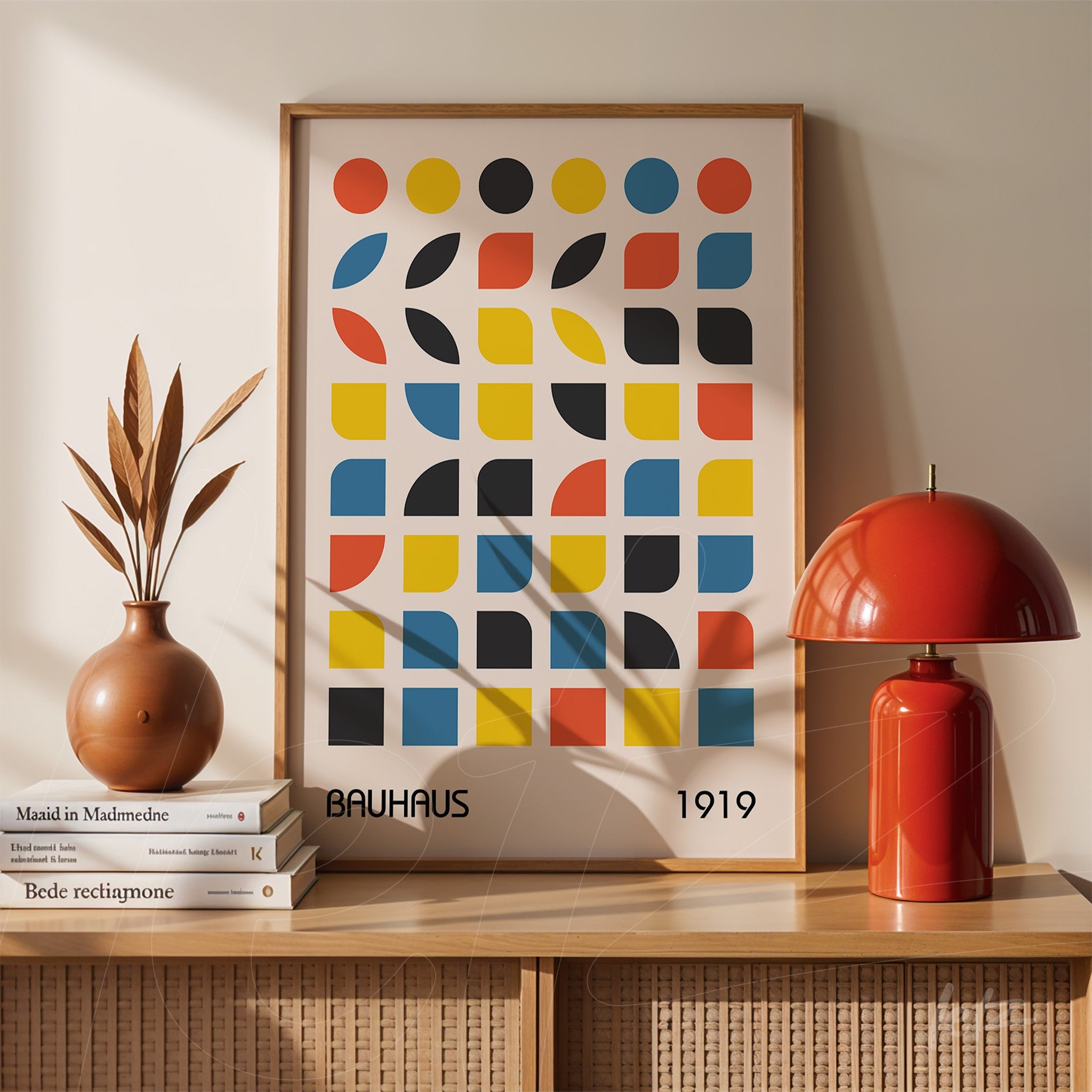 wooden framed geometric Bauhaus style artwork resting on a sideboard beside a red lamp