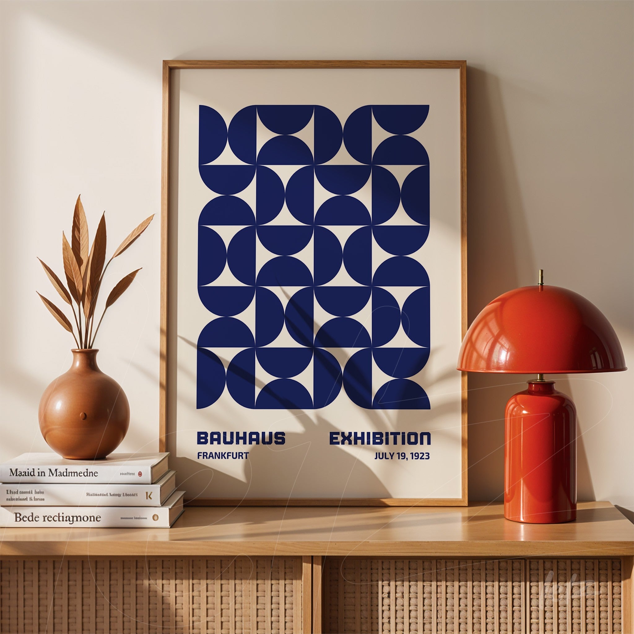 poster with blue geometric pattern and text in a white and natural frame, resting on a shelf next to a red lamp and vase with dried plants