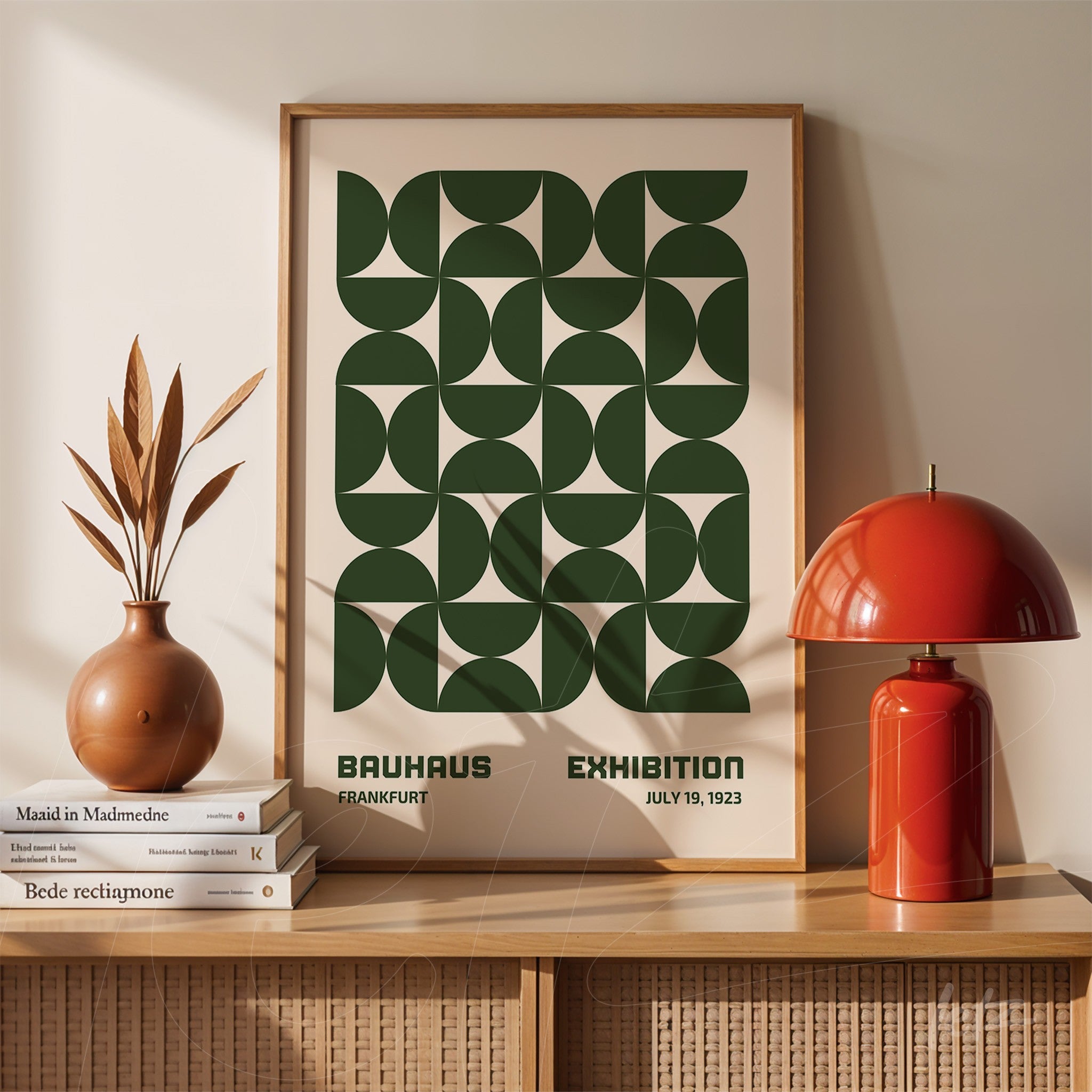 poster print featuring a green geometric bauhaus design displayed on a wooden shelf with a vase and red lamp beside it