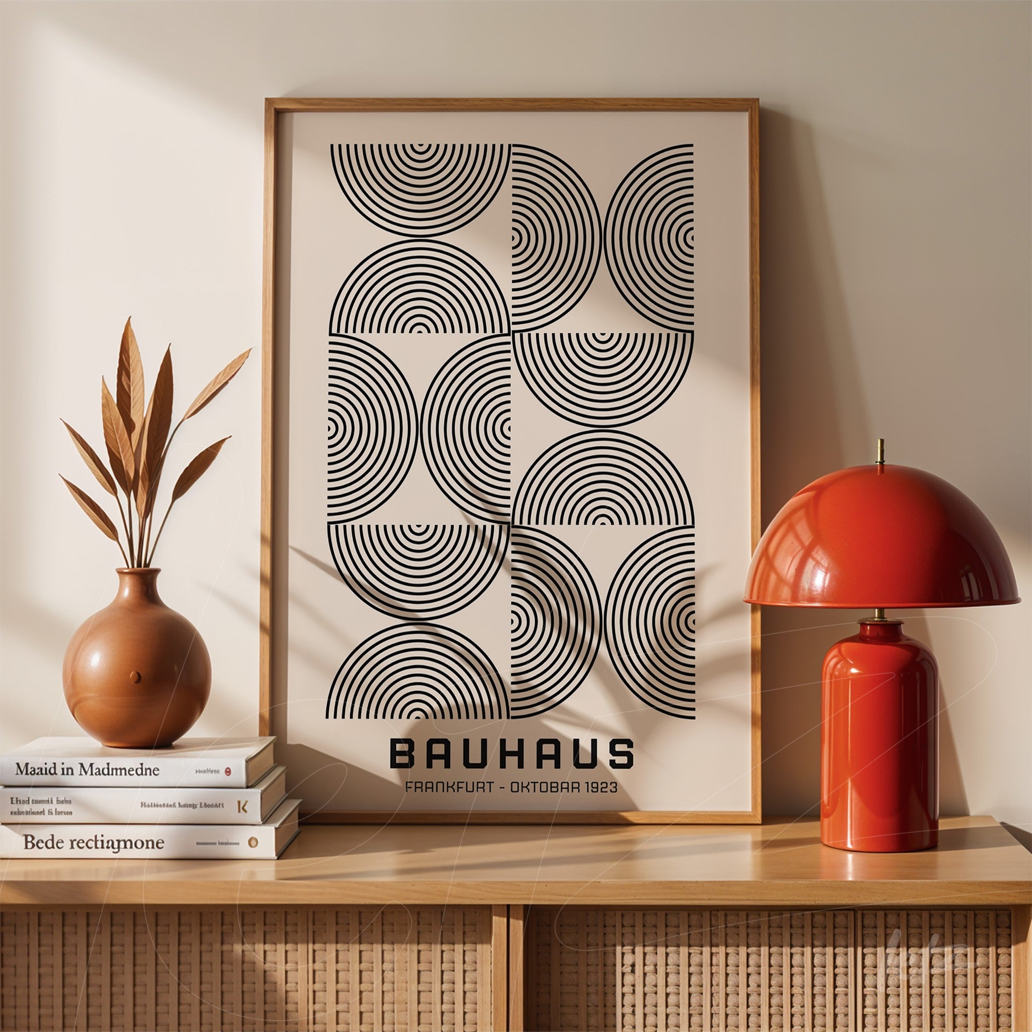 poster with bauhaus style abstract art in light wood frame, displayed on a sideboard with books and red lamp in the background