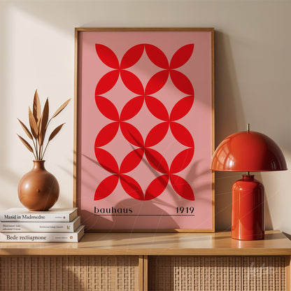 bauhaus style geometric poster with light frame on wooden shelf