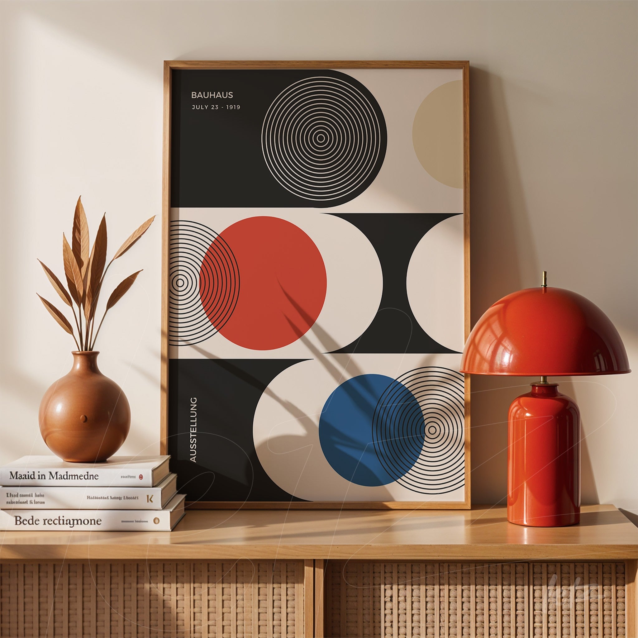 geometric poster art with colorful circles and wooden frame displayed on light wood furniture