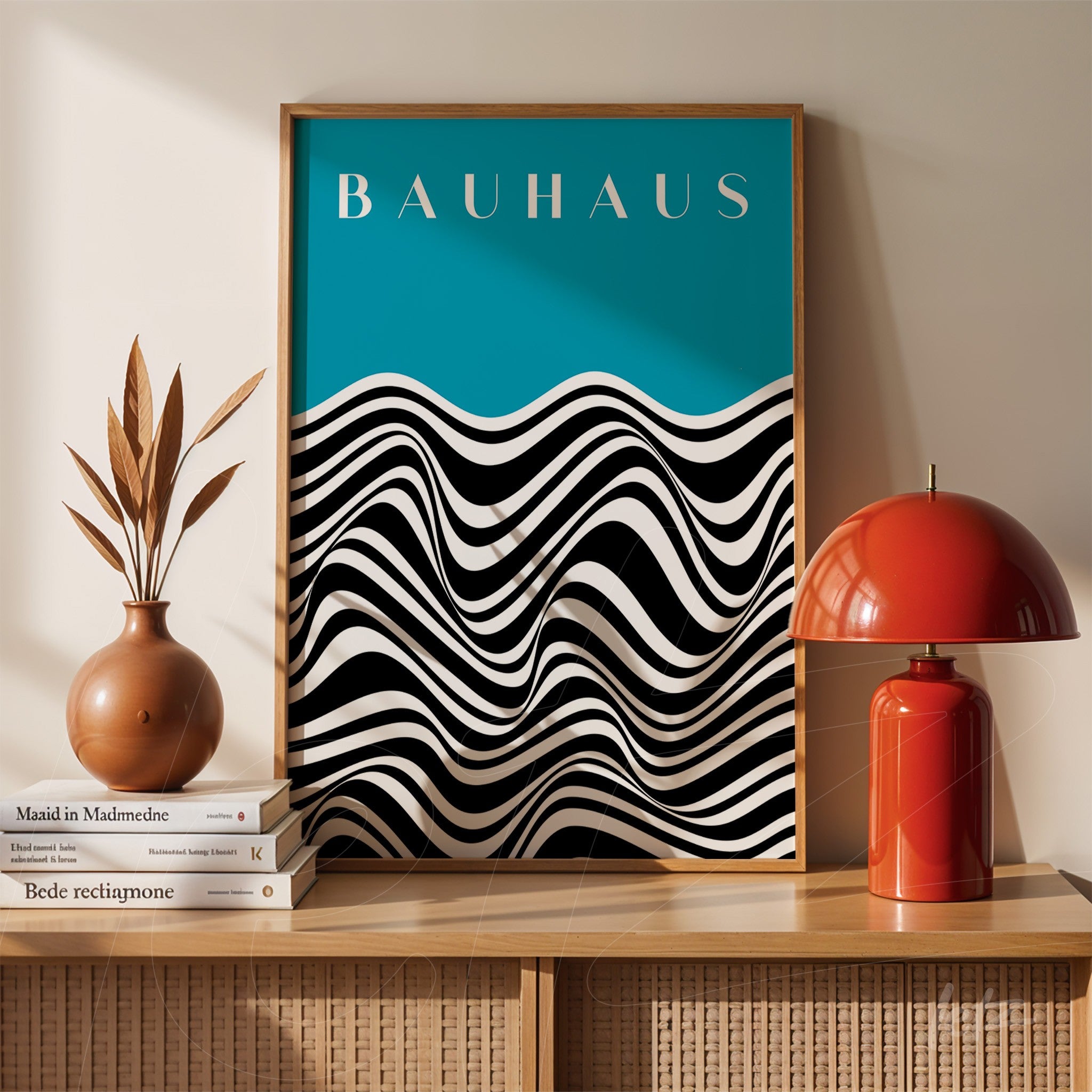 poster with wavy black and white graphic design on blue background, framed in light wood, displayed on furniture next to red lamp and decorative vase