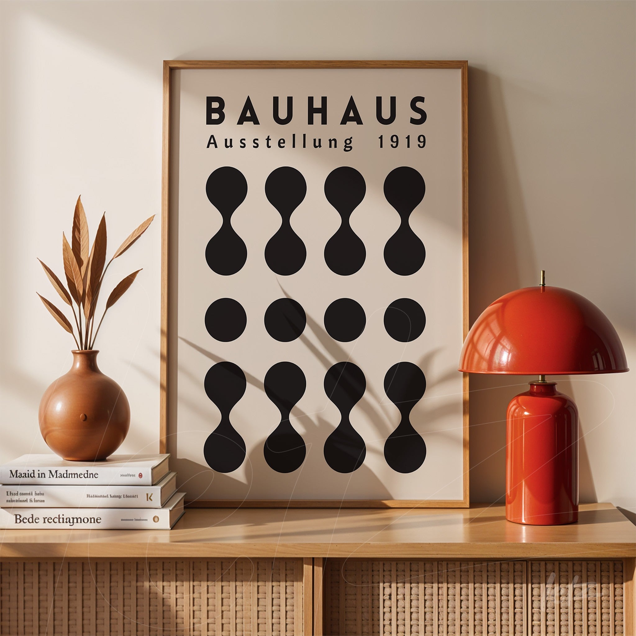 poster print featuring modern design of black geometric shapes on beige background with 'Bauhaus Ausstellung 1919' text, framed and placed on light wooden sideboard next to a red lamp