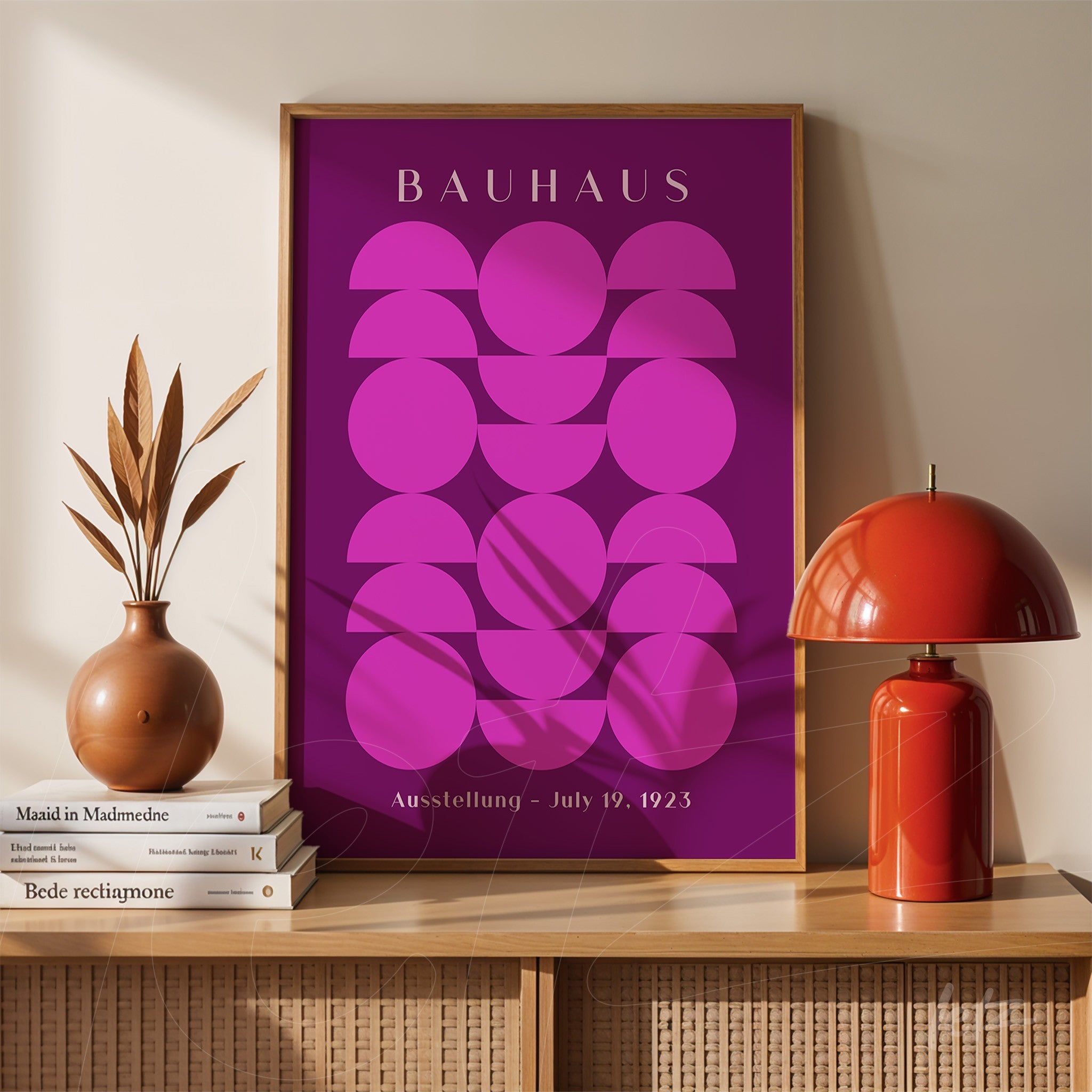 poster with purple geometric design in light wood frame displayed on wooden furniture with minimalist decor