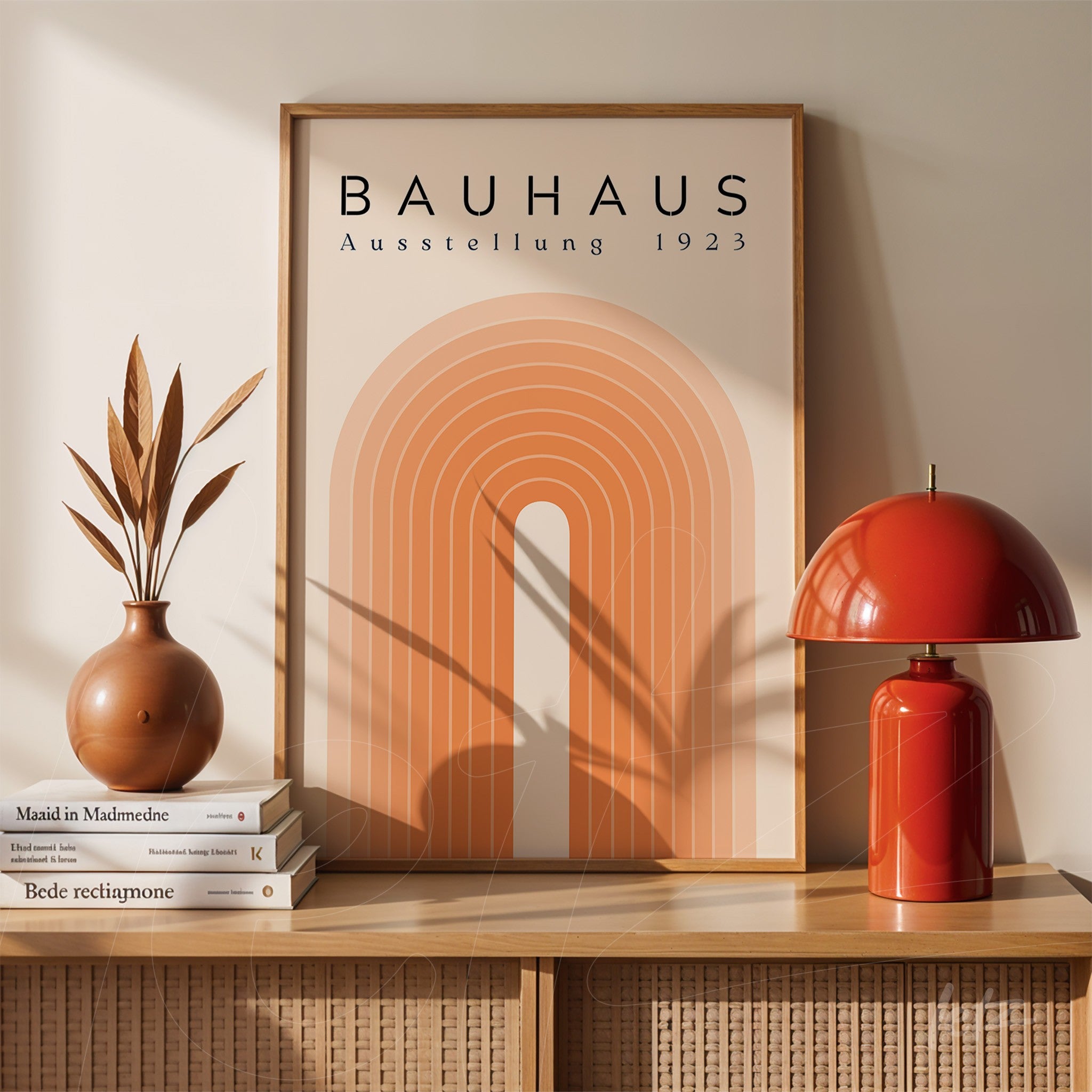 poster featuring vintage geometric design in earthy tones displayed in a wooden frame on a shelf with a red lamp and decorative vase