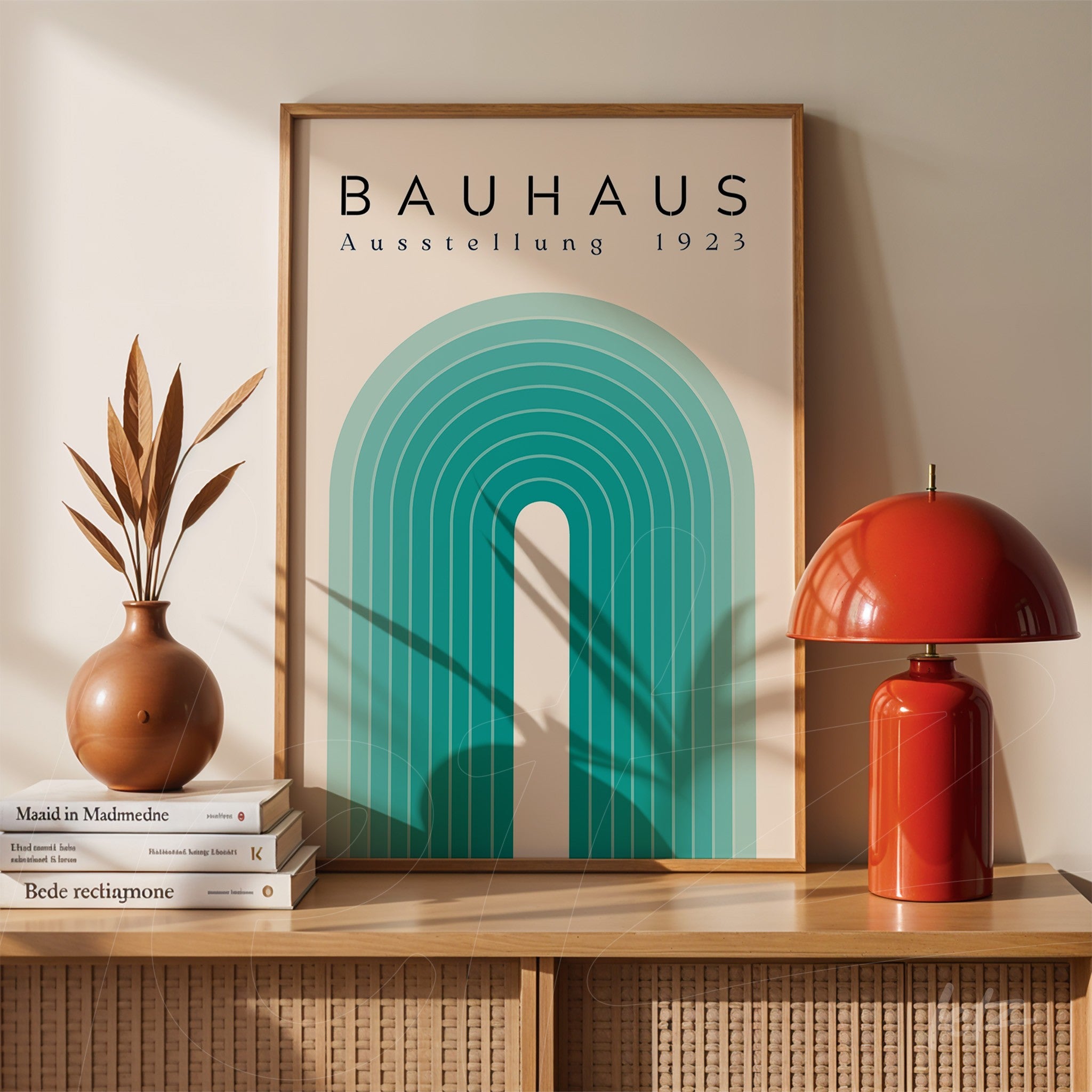 poster print featuring a geometric Bauhaus design in a light wood frame, displayed on a wicker cabinet next to a red lamp and decorative vases