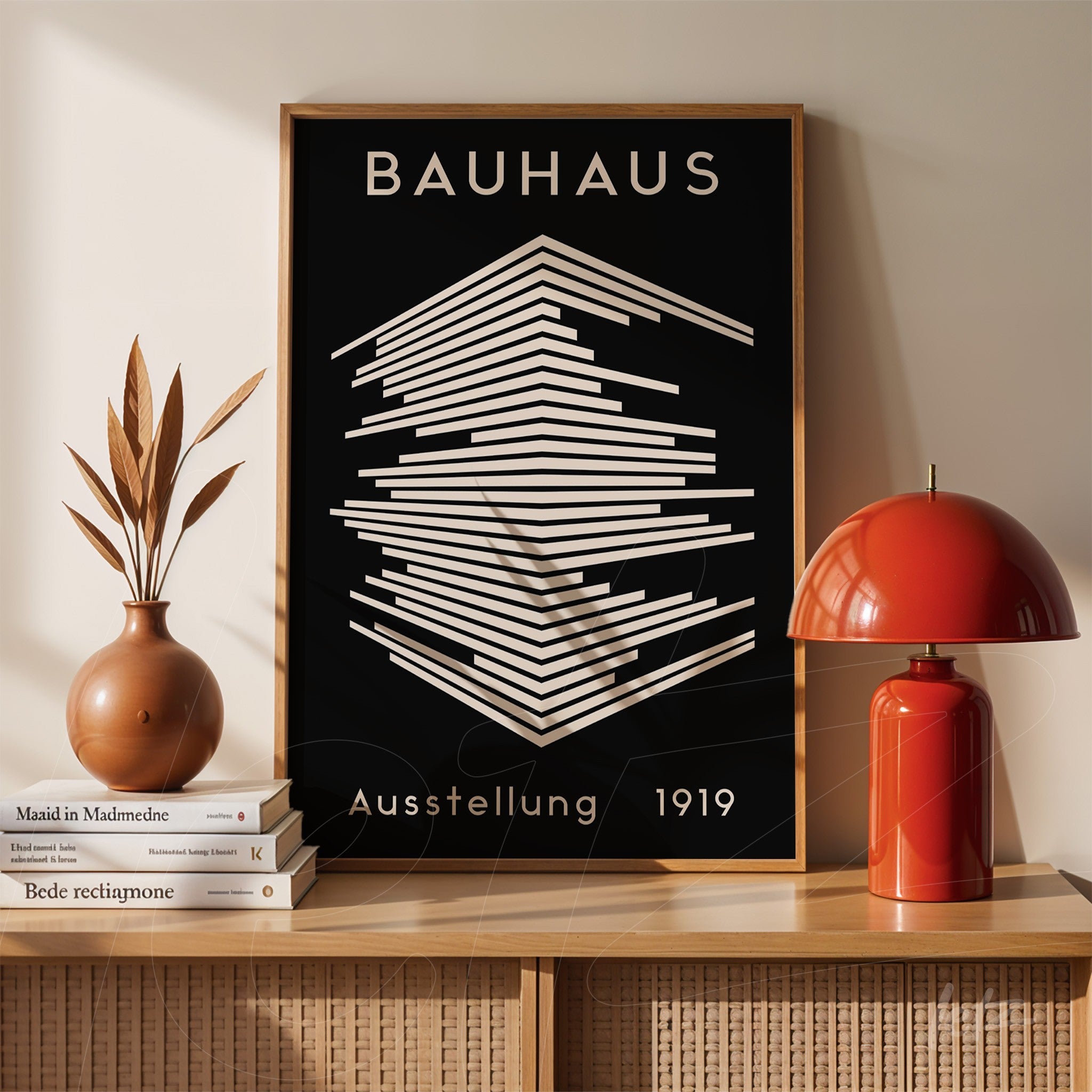 bauhaus style geometric design art on black background with wooden frame displayed on a console