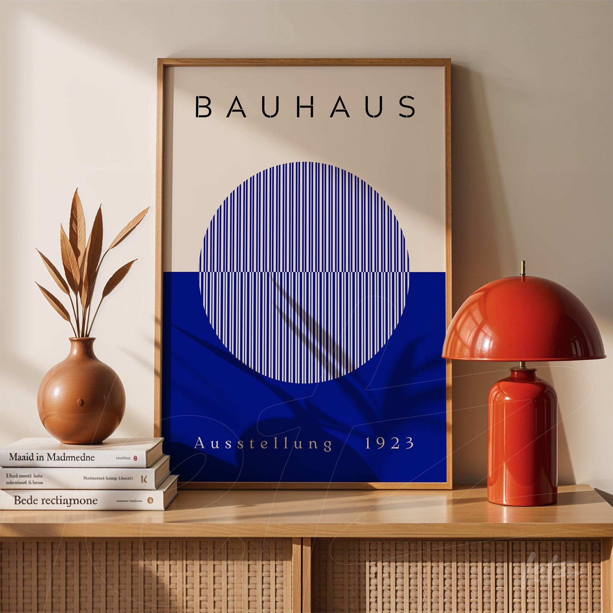 poster print featuring abstract blue and black design, framed in light wood and placed on wooden console with red lamp and brown vases