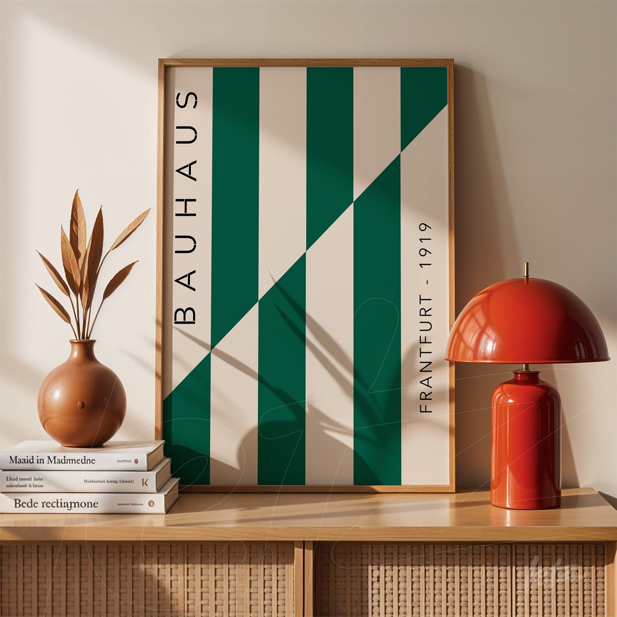green and white diagonal striped poster print in light wood frame, accompanied by books and vases on shelf
