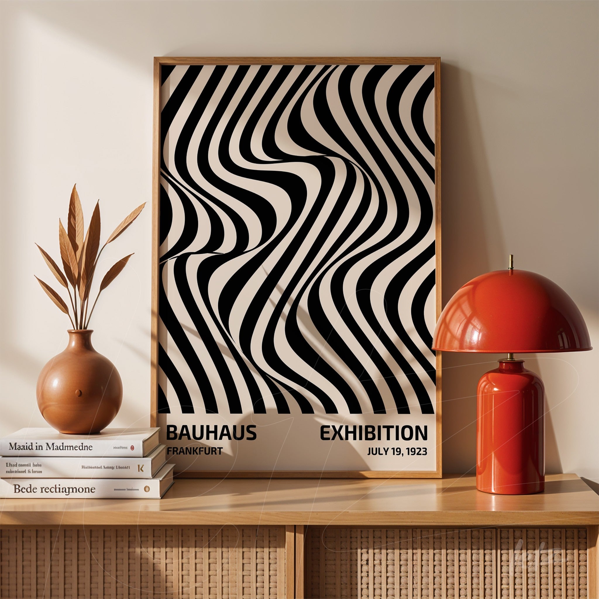 poster print featuring bauhaus style wavy black lines in a light wood frame