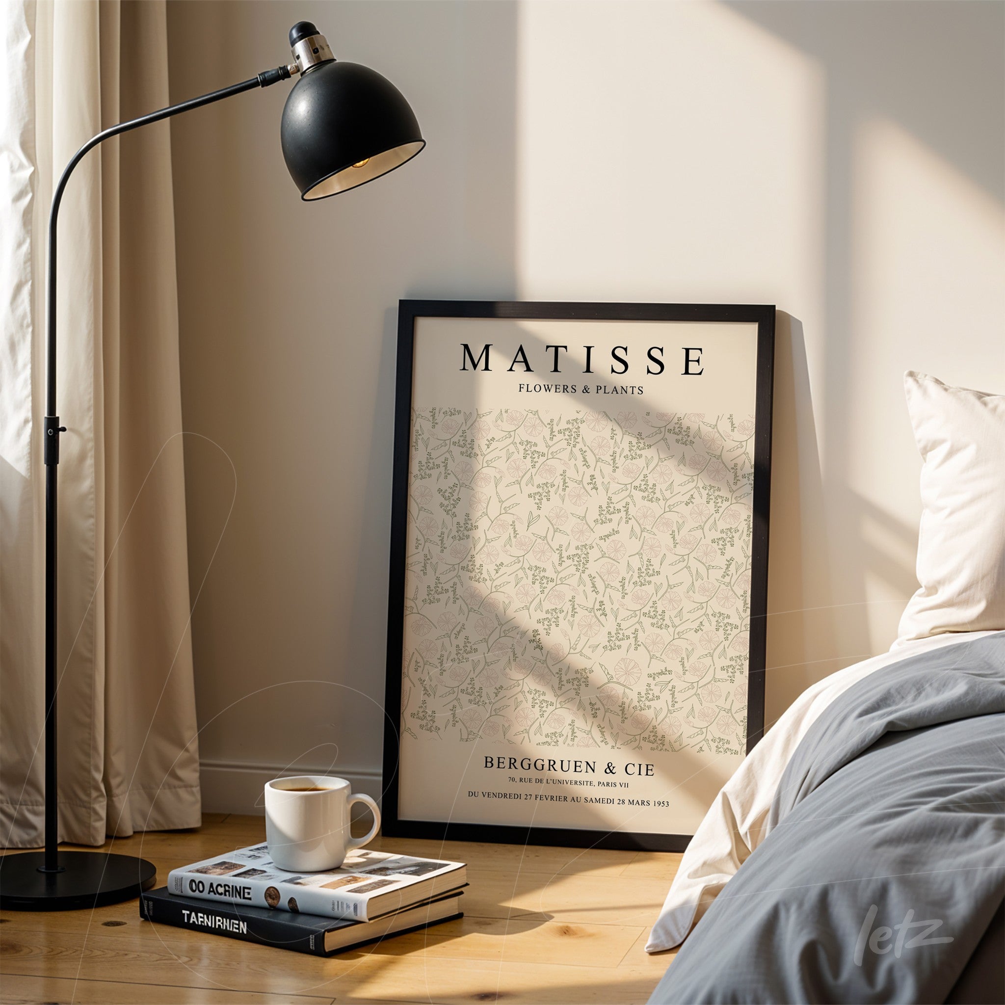 framed wall art featuring floral design by Matisse placed next to a floor lamp on wooden floor
