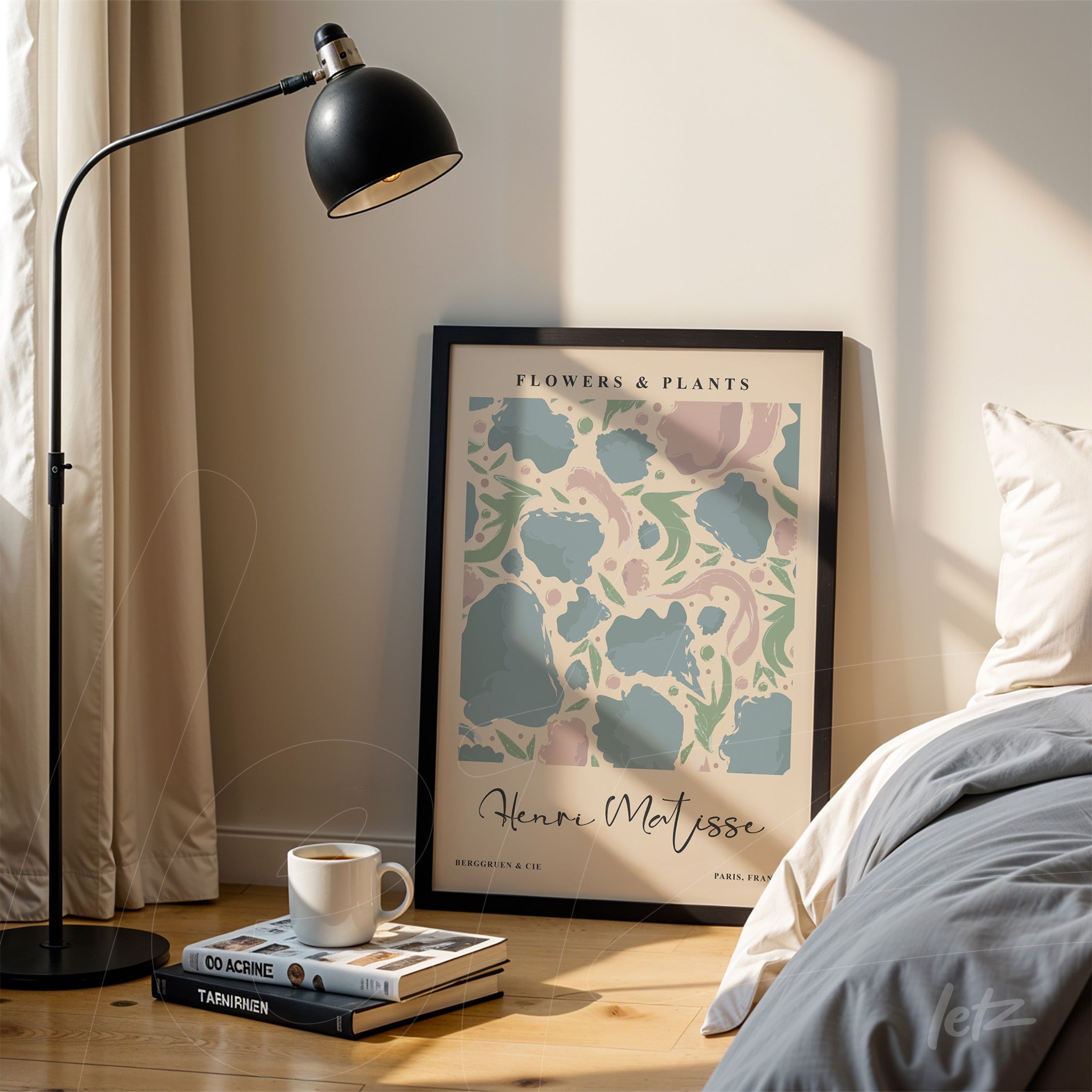 framed wall art featuring abstract design in pastel colors, displayed next to a lamp in a minimalist setting