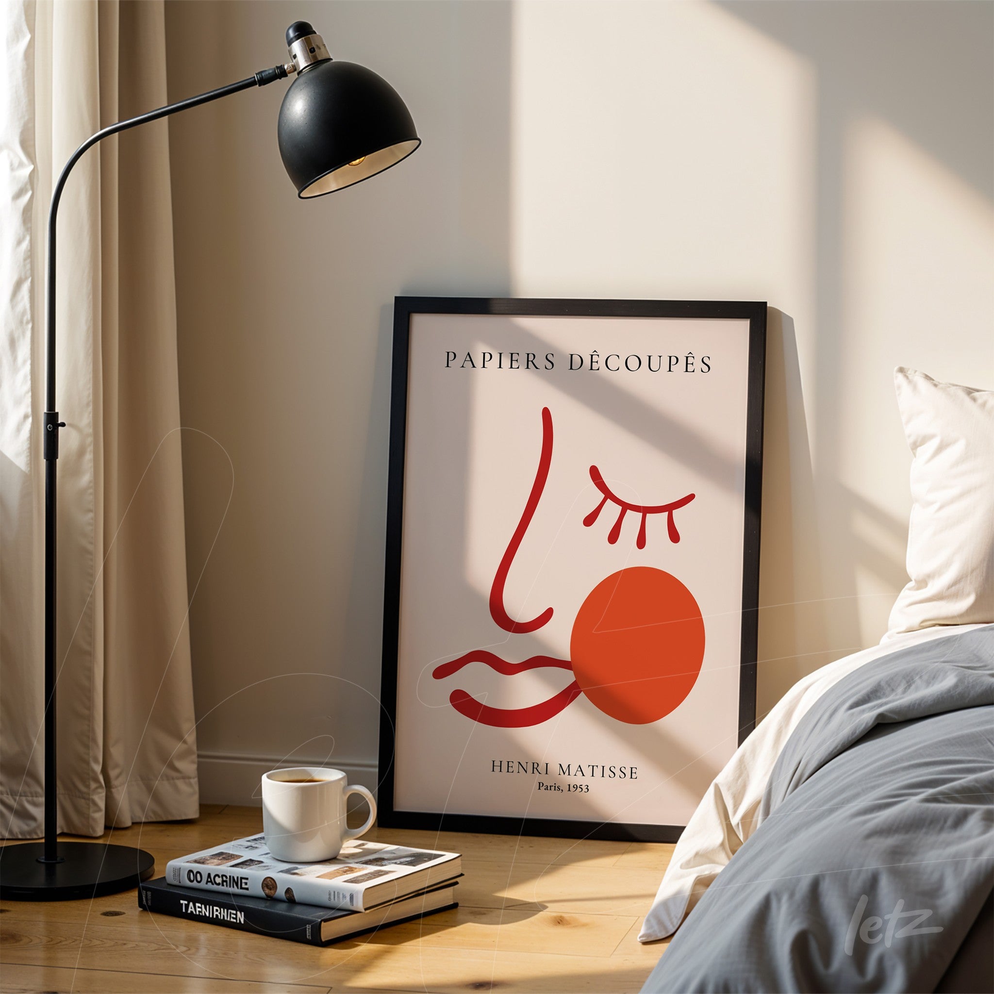 framed decorative art piece by Henri Matisse featuring minimalist lines on a light background with black frame in a well-lit setting