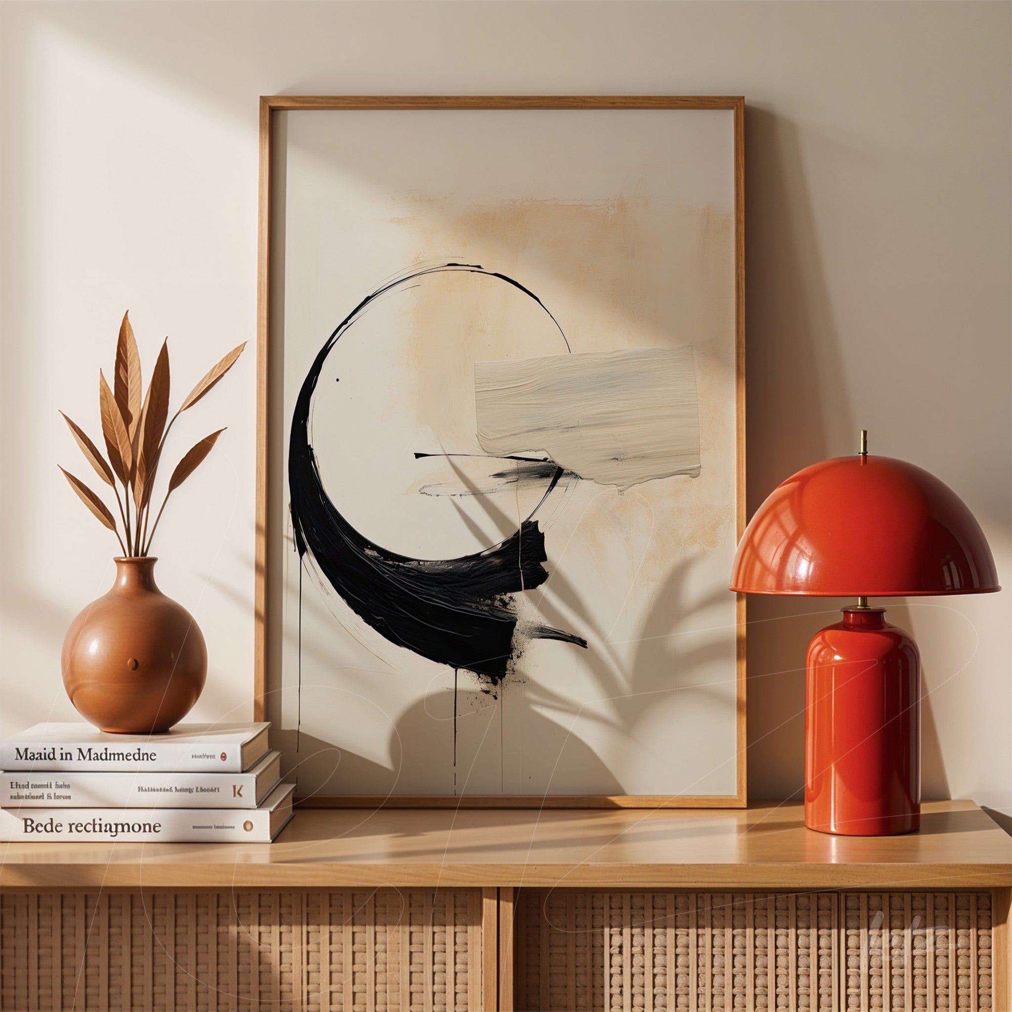 abstract wall art featuring black shapes with cream accents in a light wood frame, displayed on a shelf next to a ceramic vase and a red lamp