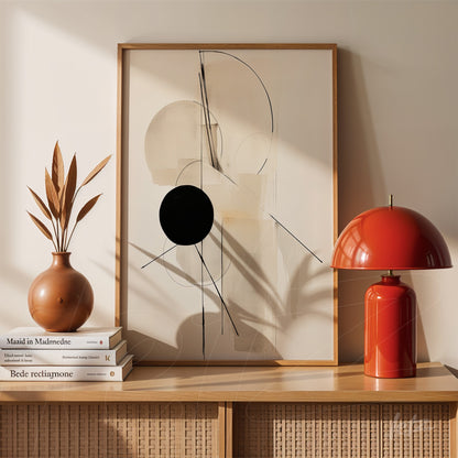 abstract wall art in light wood frame featuring geometric shapes in neutral tones with a large black circle on a light background, displayed on a table next to a ceramic vase and a red lamp