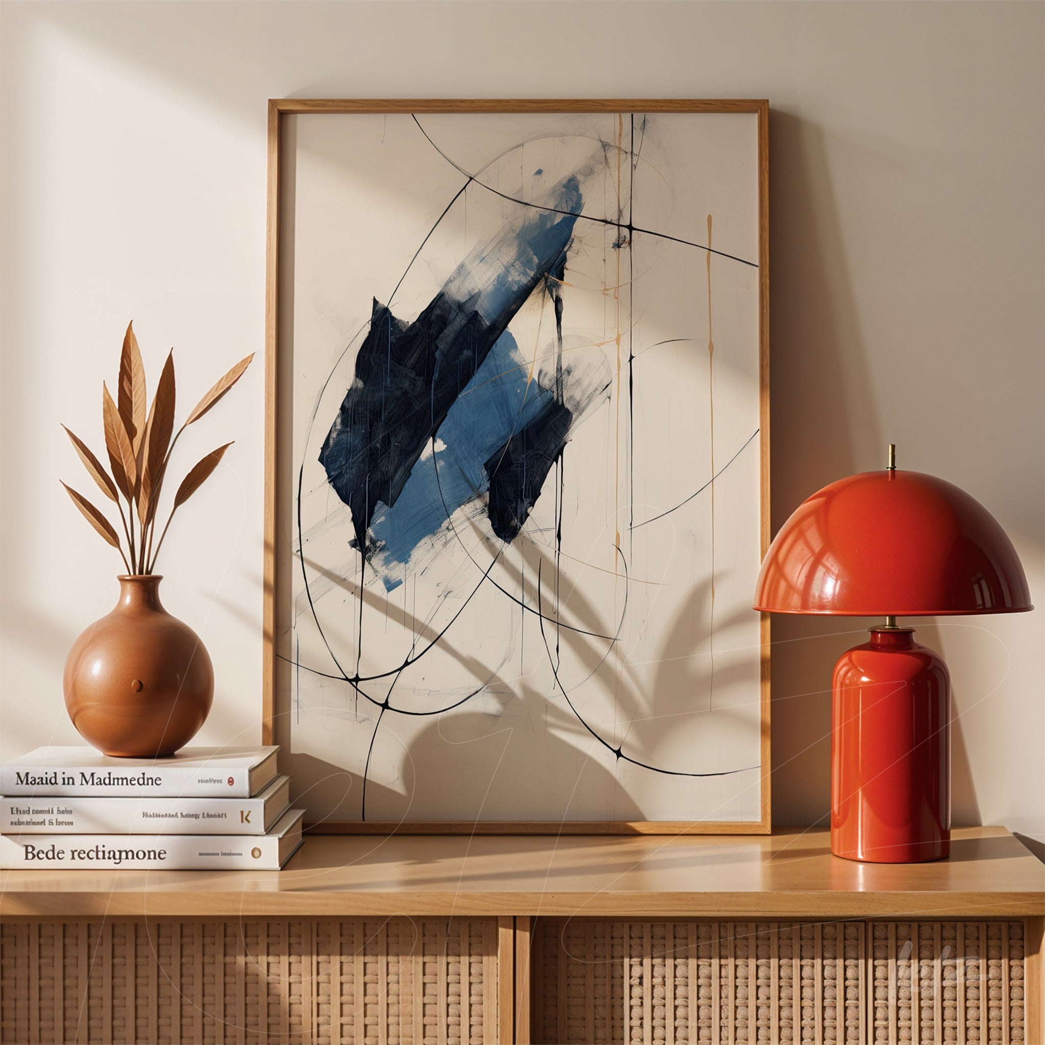 abstract wall art in shades of blue with fine lines, framed in light wood, displayed on a wooden table with a brown ceramic vase and a red lamp