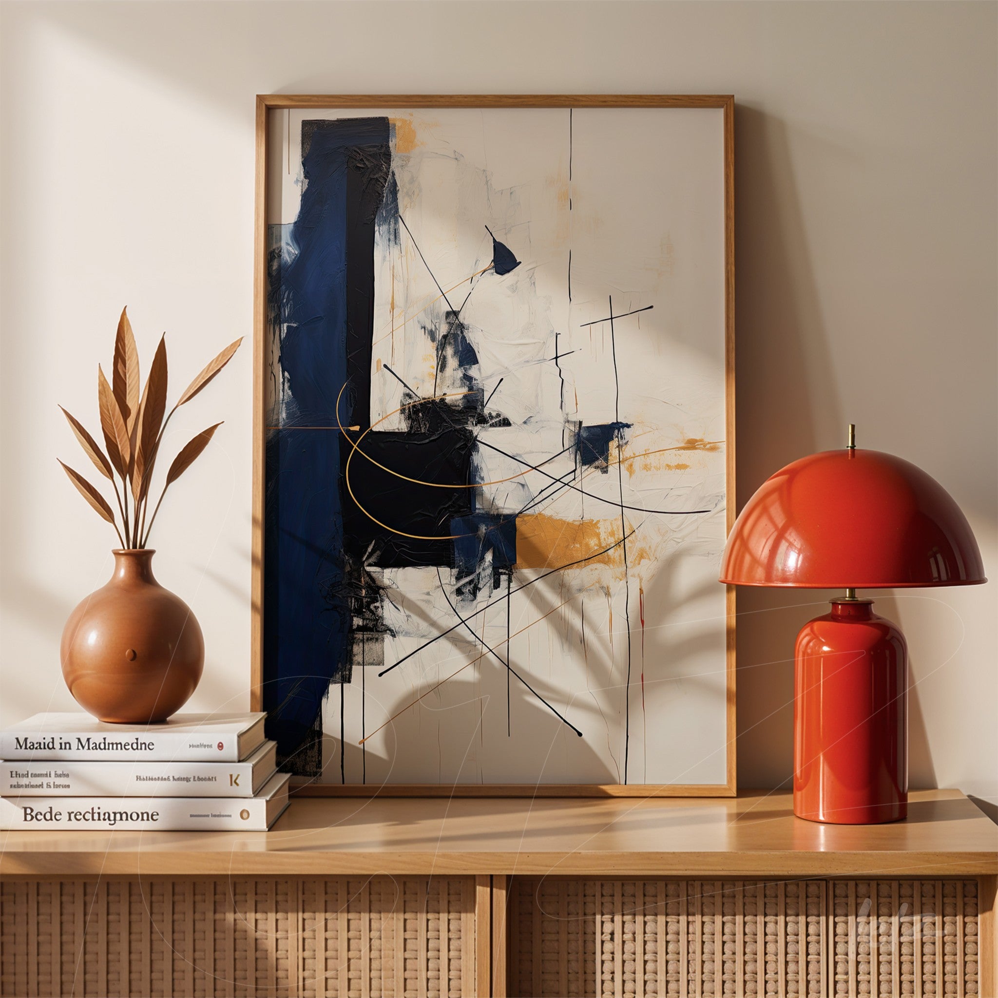 modern abstract wall art in shades of blue, yellow, and black in a light wood frame displayed on a wooden table with a ceramic vase and red lamp