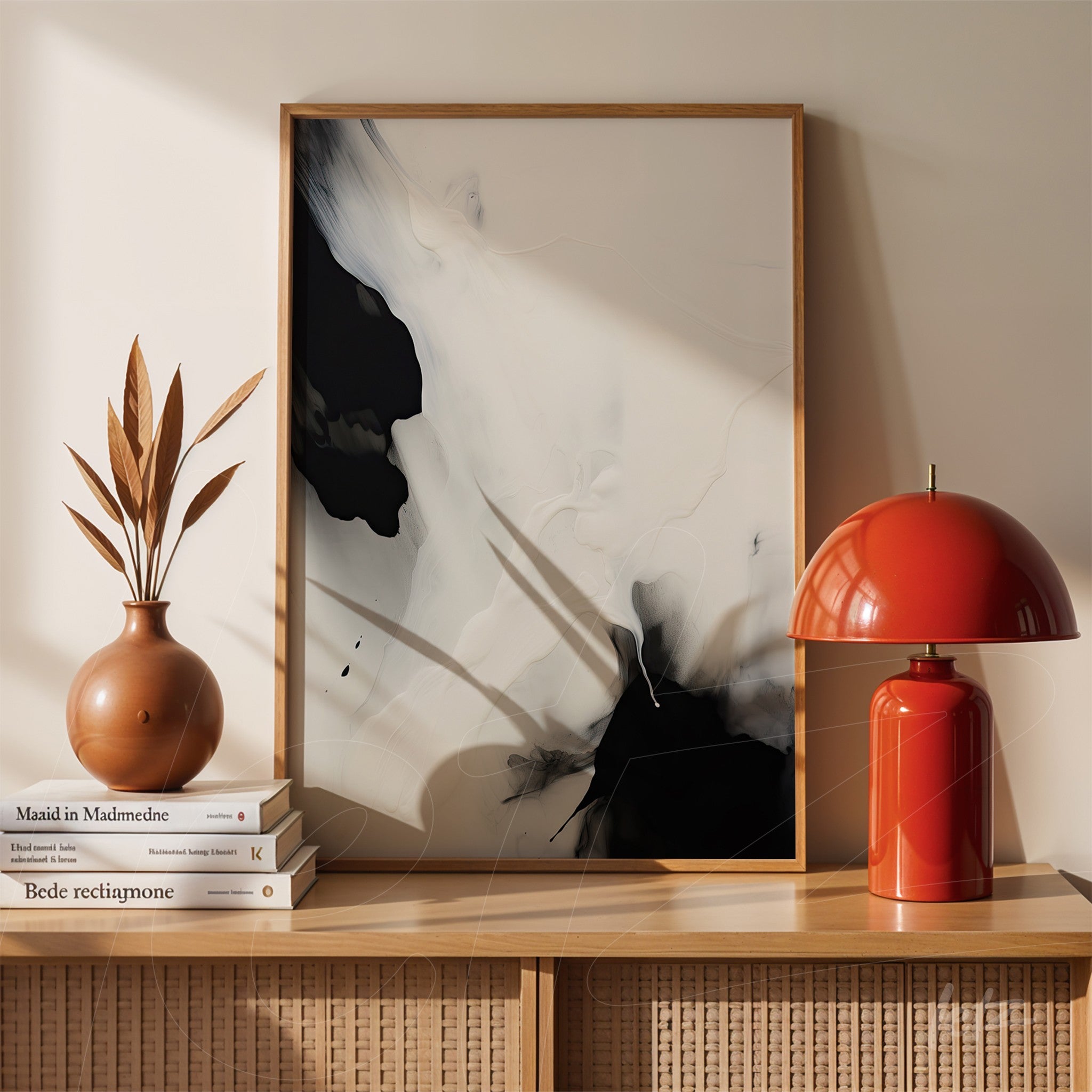 framed abstract wall art with black and white background displayed on a table beside ceramic vase and red lamp