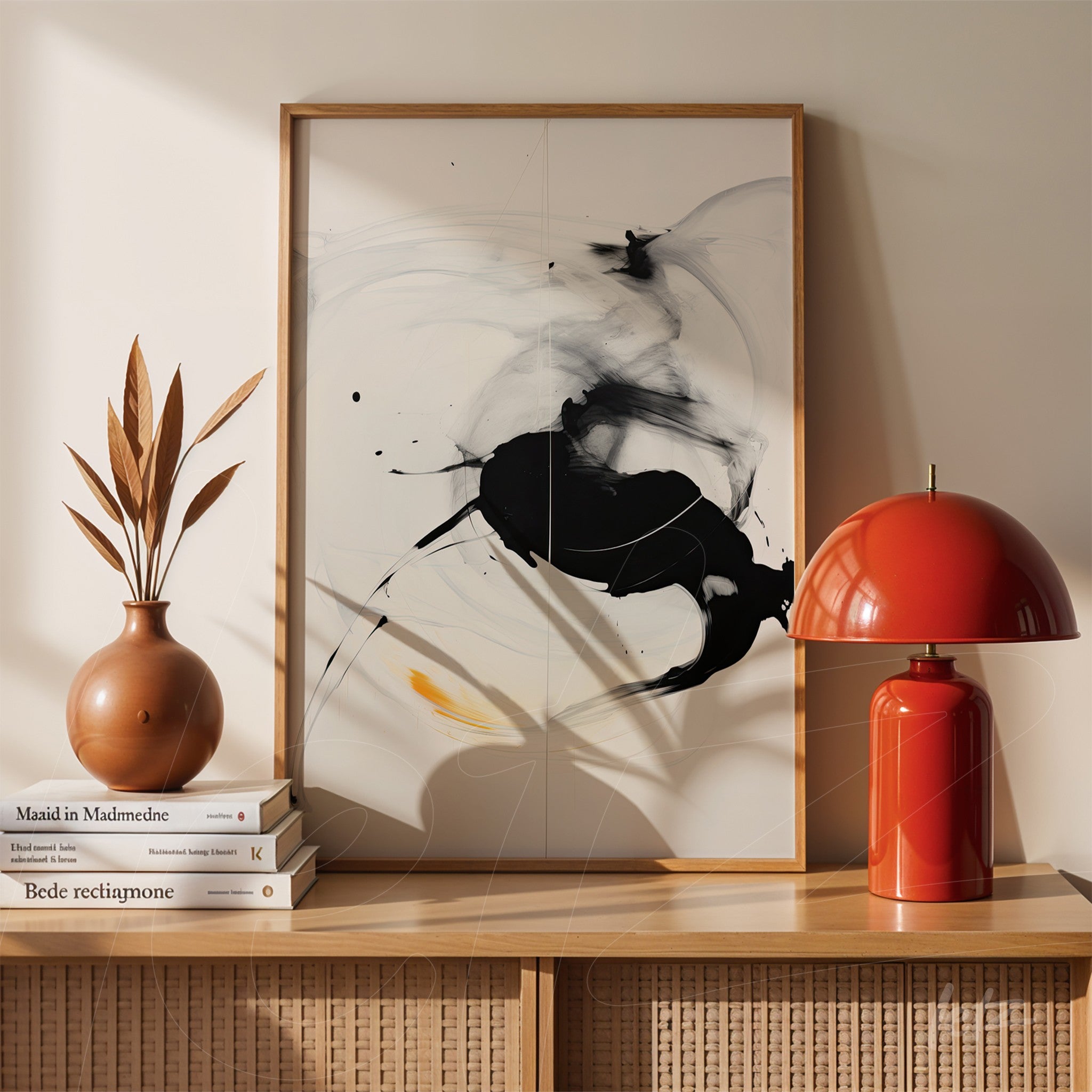 framed abstract black and white art displayed on a wood table beside a brown ceramic vase and a red lamp