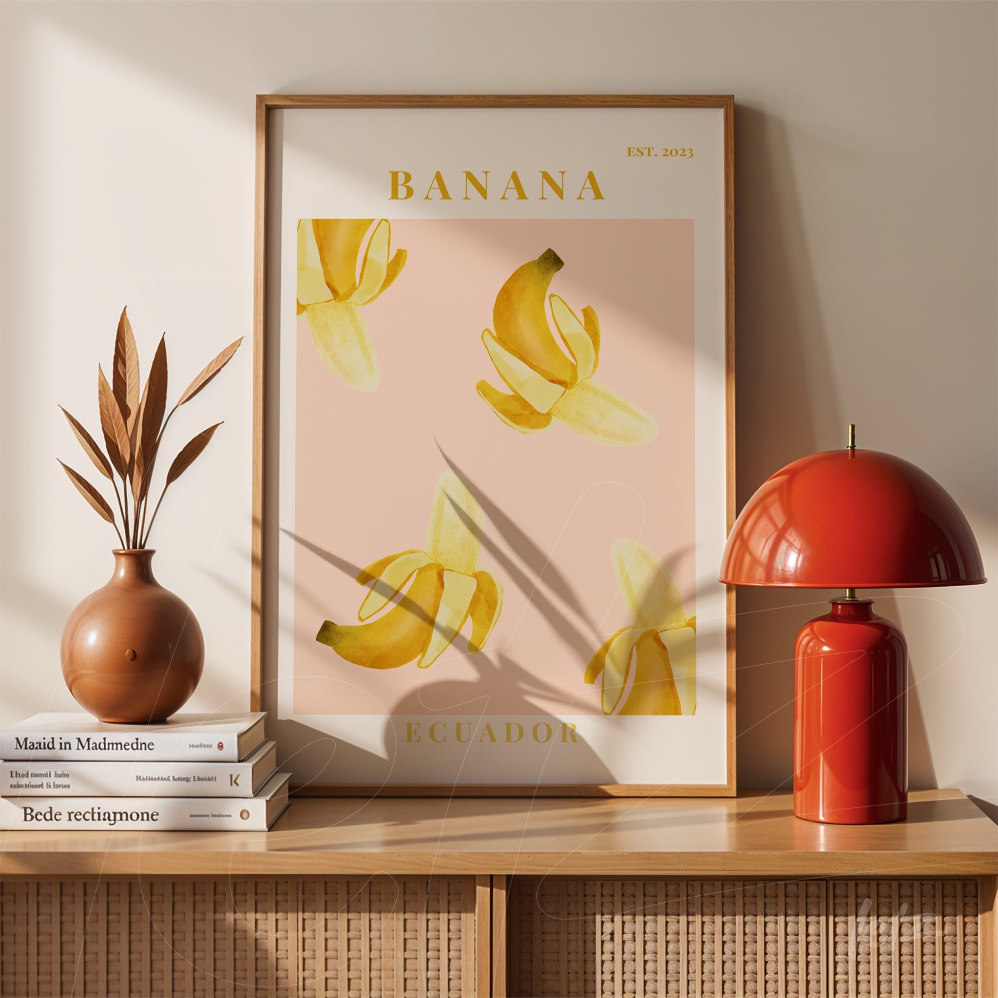 framed modern art print of bananas on pink background displayed next to a brown ceramic vase and a red lamp on wooden shelf