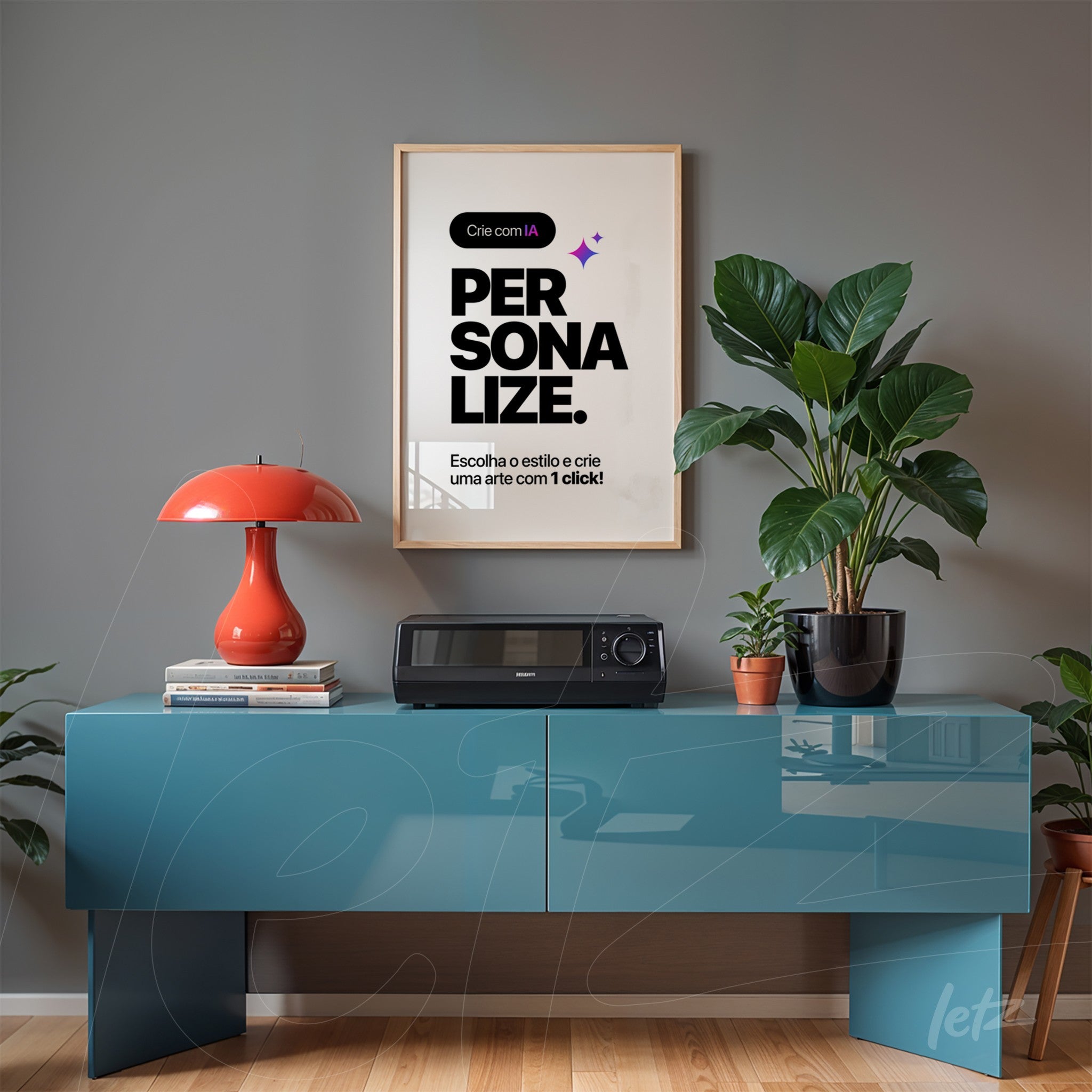 modern framed wall art with text on light background displayed above a blue console in a minimalist setting with a potted plant
