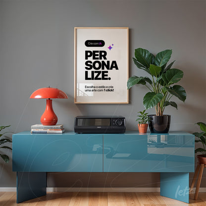 modern framed wall art with text on light background displayed above a blue console in a minimalist setting with a potted plant