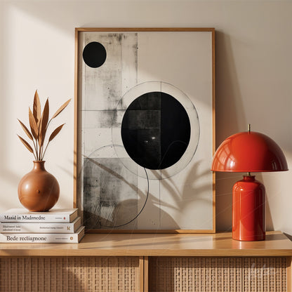 modern framed wall art featuring an abstract black and white composition displayed on a wooden table next to a ceramic vase and a red lamp