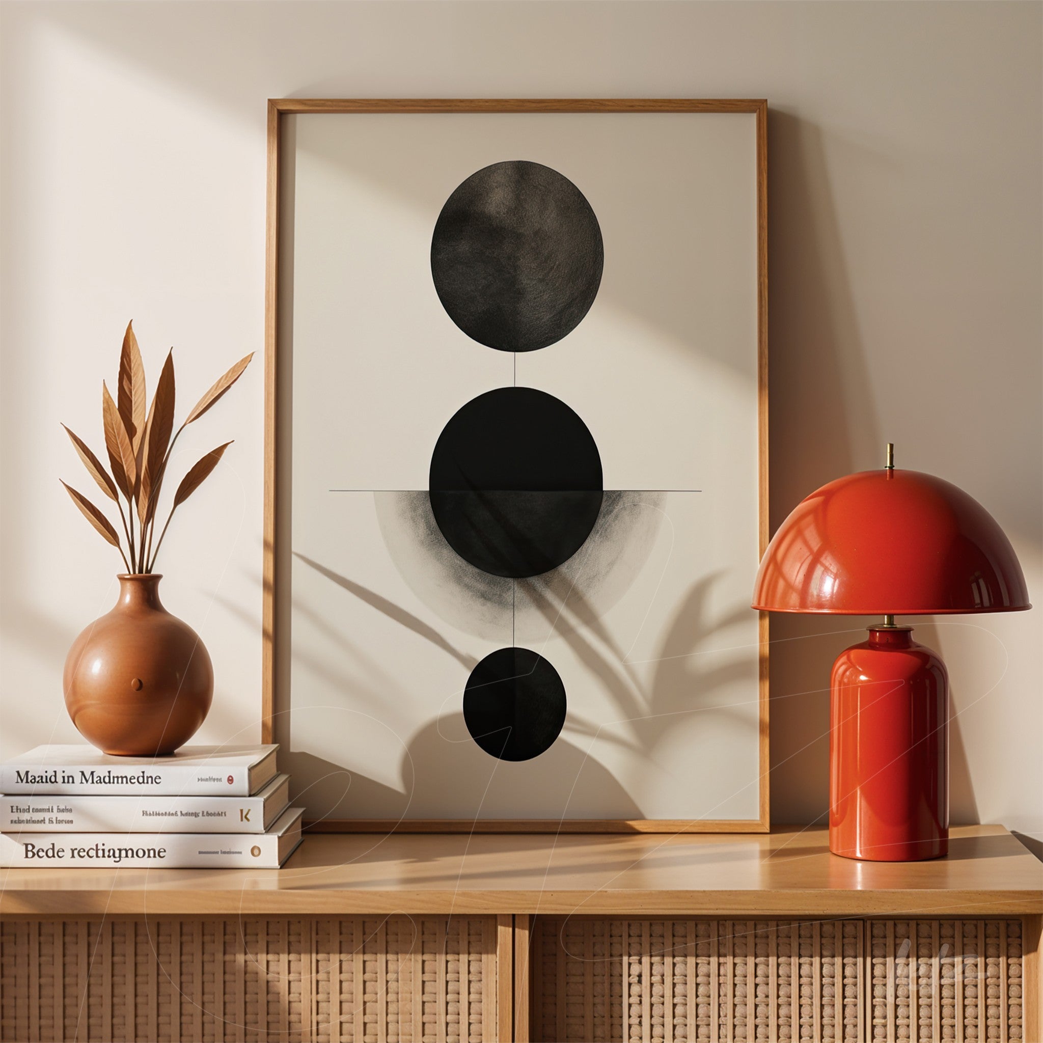 framed black and white abstract art displayed on a wooden shelf next to a vase and red lamp