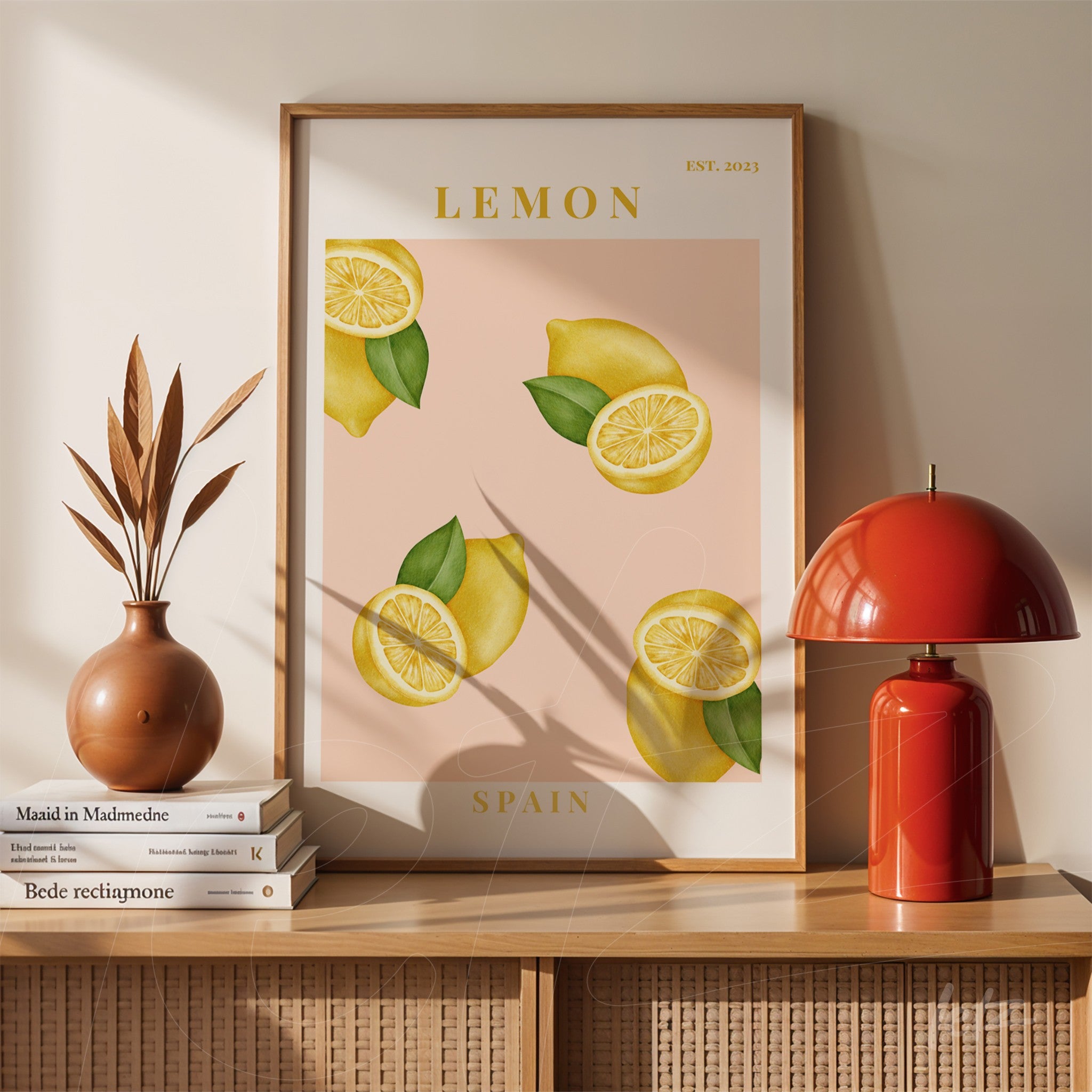 framed art print featuring lemons on a light pink background with a light wood frame and modern style displayed on a table next to a red lamp