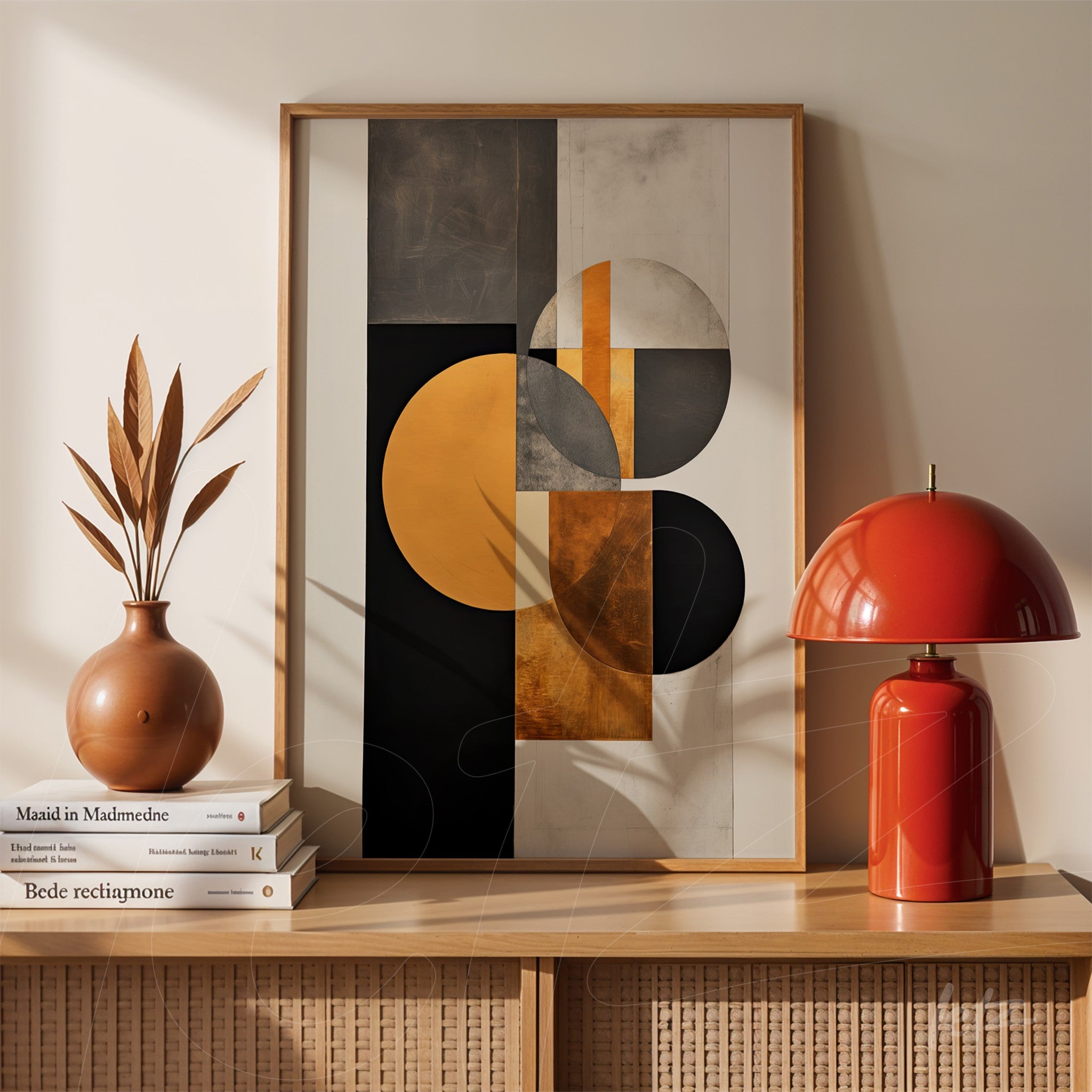 modern artwork featuring geometric shapes in shades of orange, black, and gold in a light wood frame displayed on a wooden table next to a decorative vase and a red lamp