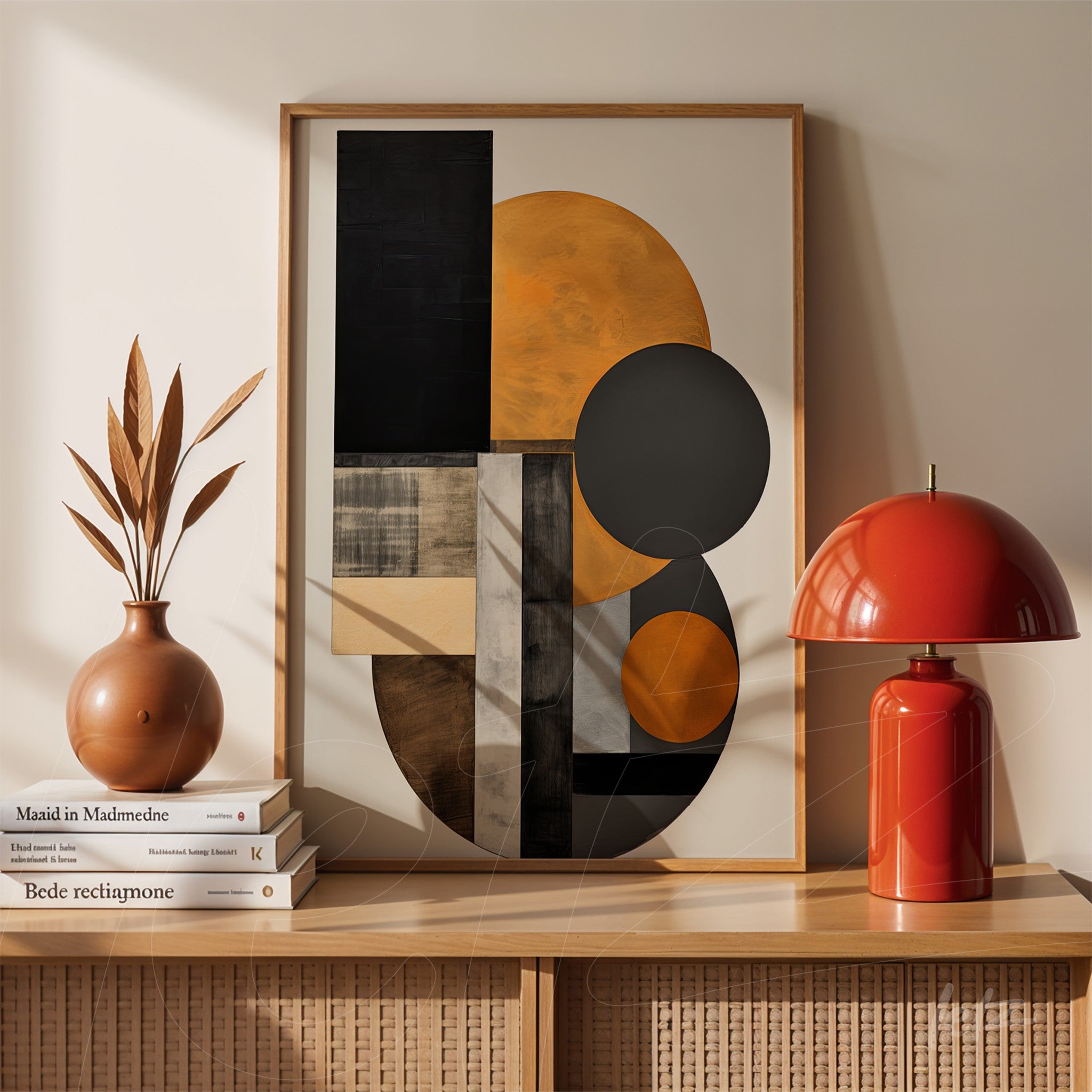 framed wall art featuring abstract design in shades of orange, black, and gray displayed on a wooden table next to a vase with dried foliage and a red lamp
