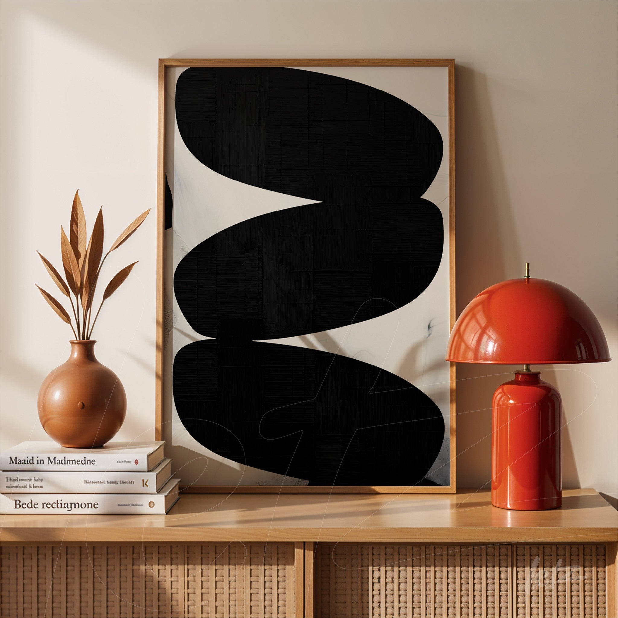 abstract wall art in black against a light background displayed on a wooden shelf with a dried plant vase and a red lamp