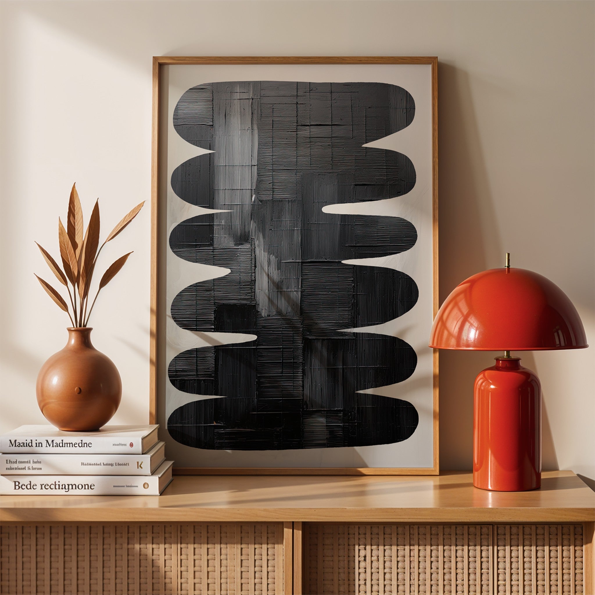 framed artwork featuring abstract black shapes on a light background displayed next to a terracotta vase and a red lamp on a wooden table