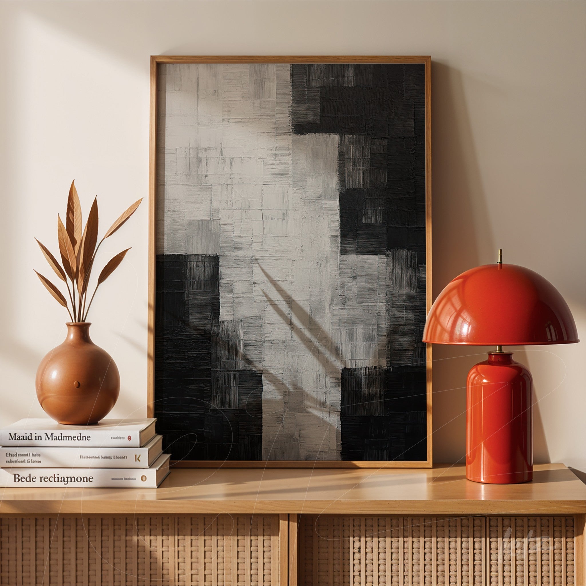 framed wall art featuring abstract design in black and white displayed on a table with a red lamp and vase
