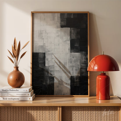 framed wall art featuring abstract design in black and white displayed on a table with a red lamp and vase