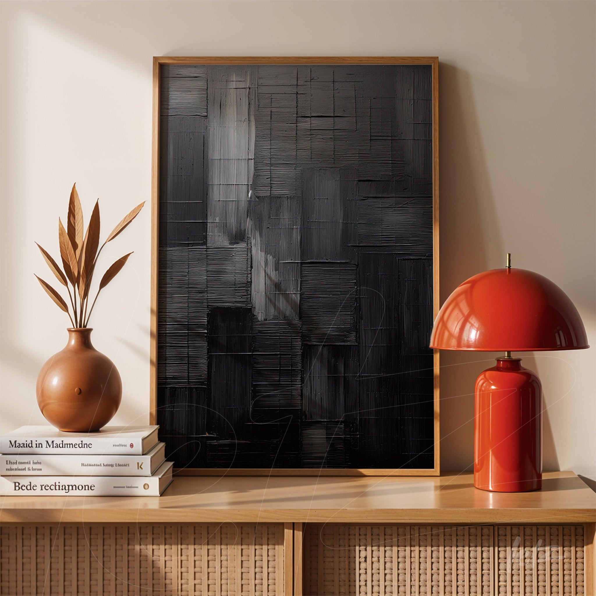 abstract black textured wall art in light wood frame displayed on a wooden table next to a ceramic vase and red lamp