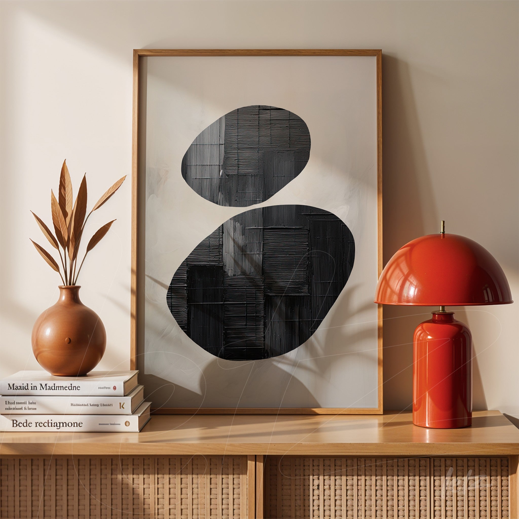 modern wall art featuring an abstract black composition in a light wooden frame displayed on a wooden table alongside a vase and a red lamp