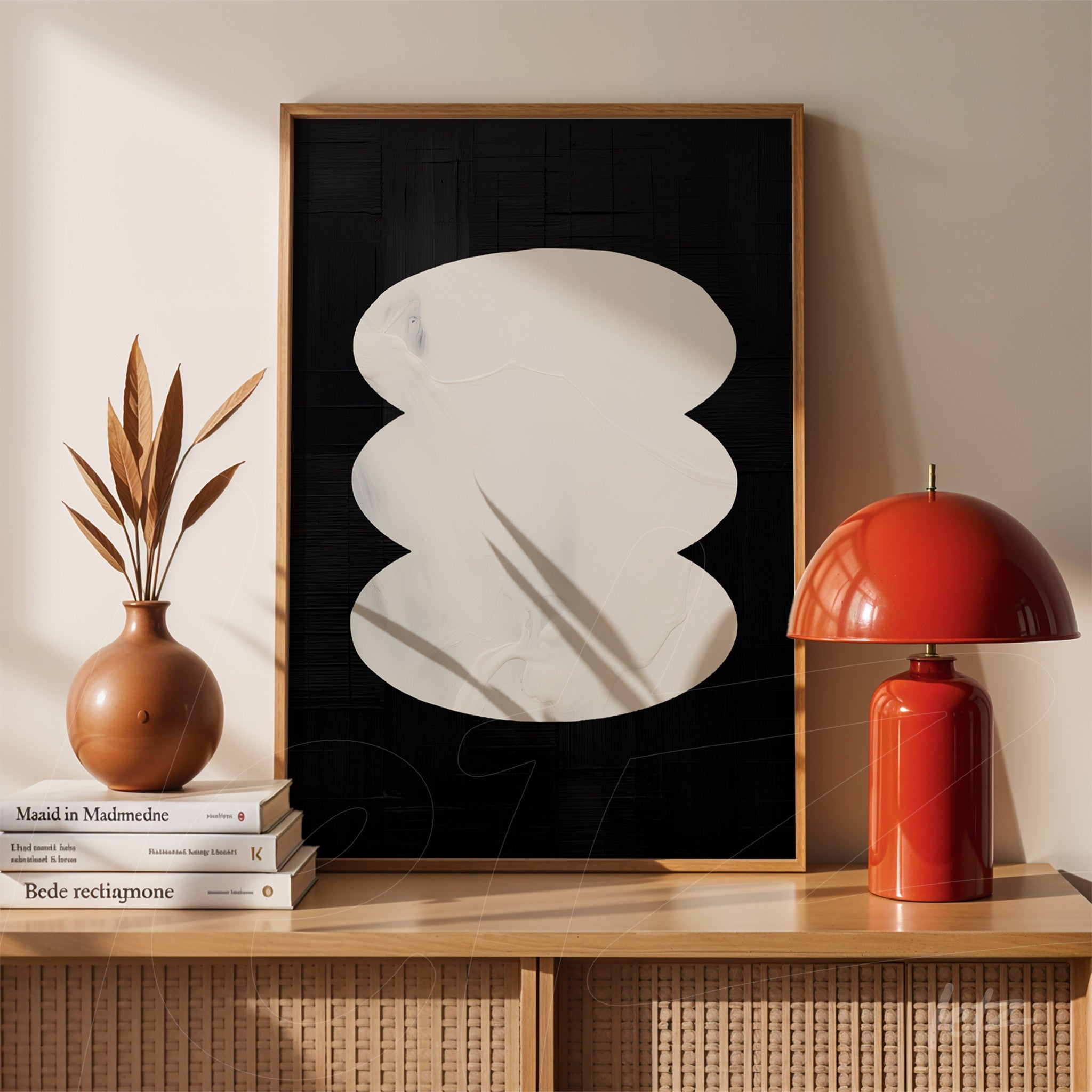 abstract wall art in light wood frame featuring organic shapes on a black background with a minimalist aesthetic