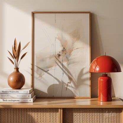 framed art piece in light wood showcasing abstract design in beige and brown tones, displayed on wooden table next to a vase with dried leaves and a red lamp