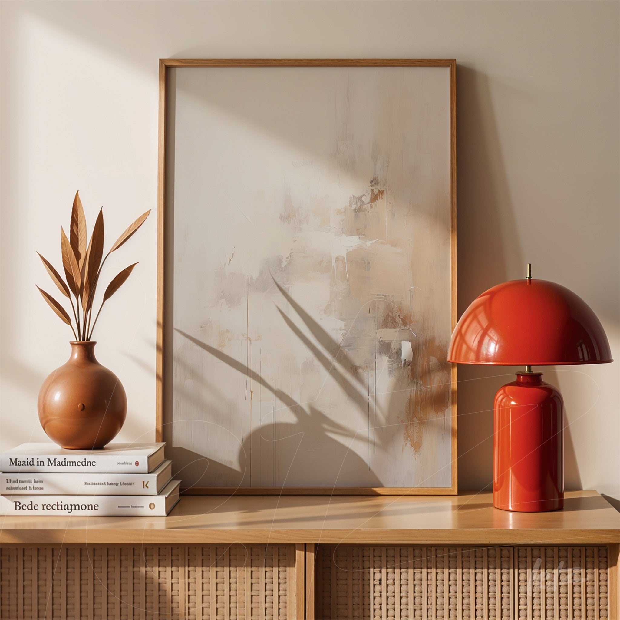 abstract artwork in a light wood frame displayed next to a ceramic vase and a red lamp on a light wood table