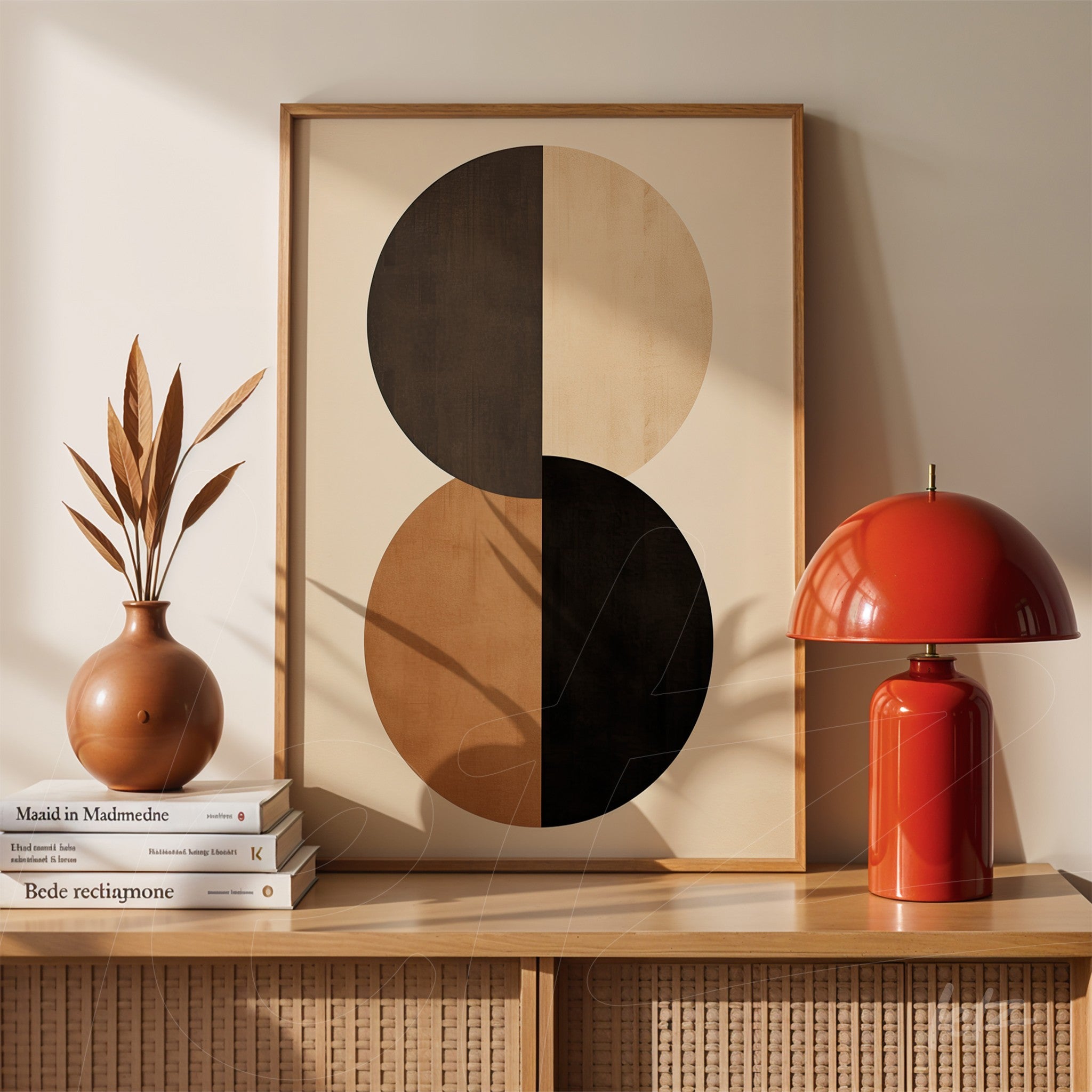 abstract art print in earthy tones featuring overlapping circles displayed on a wooden decorative table
