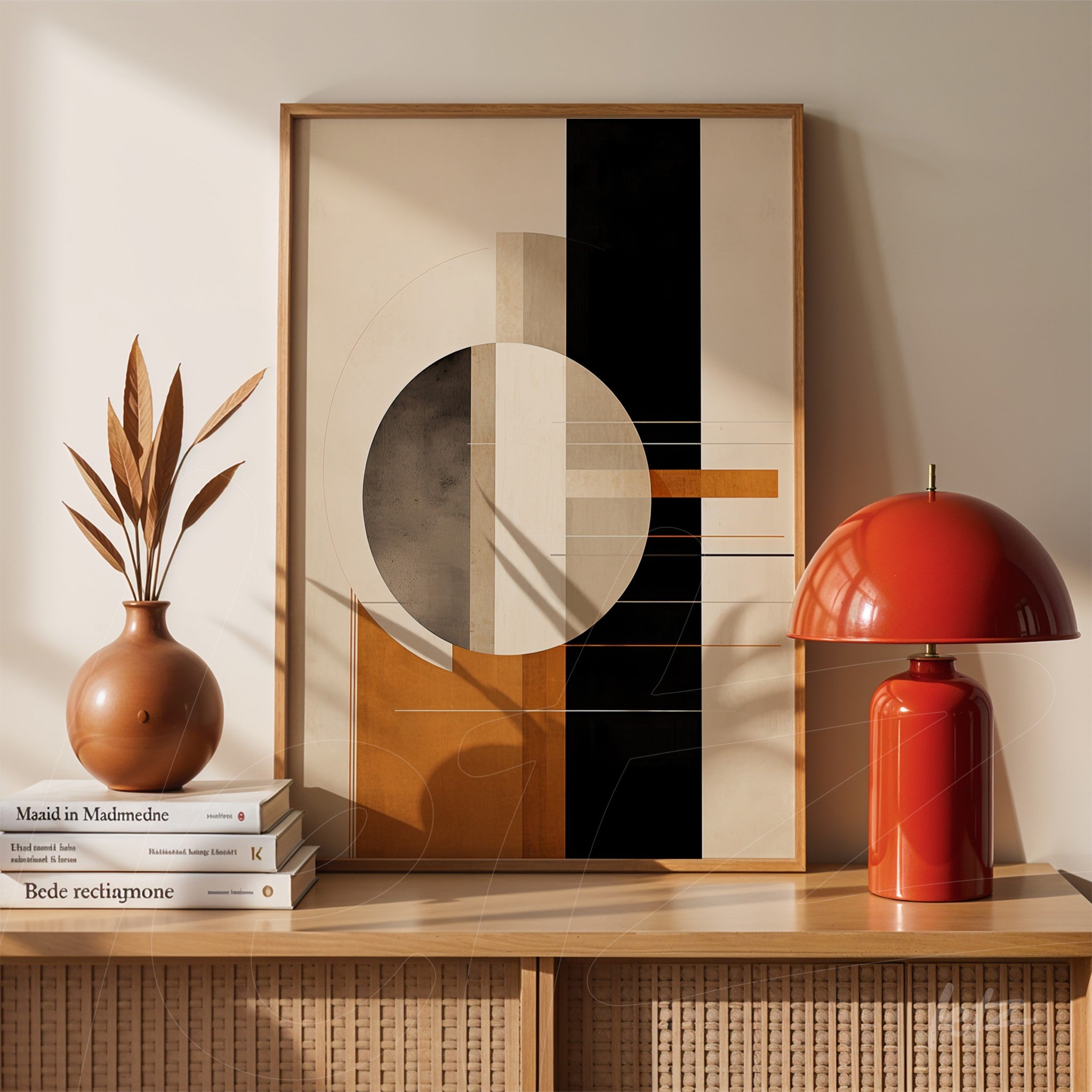 abstract artwork in shades of black, orange, and beige in a light wood frame displayed on a table with a ceramic vase and red lamp