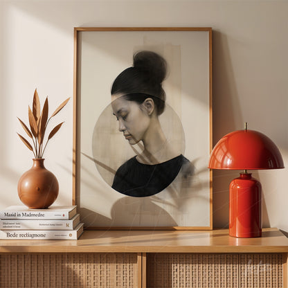 framed artwork featuring a female profile portrait next to a dried leaf arrangement and a red lamp on a wooden table