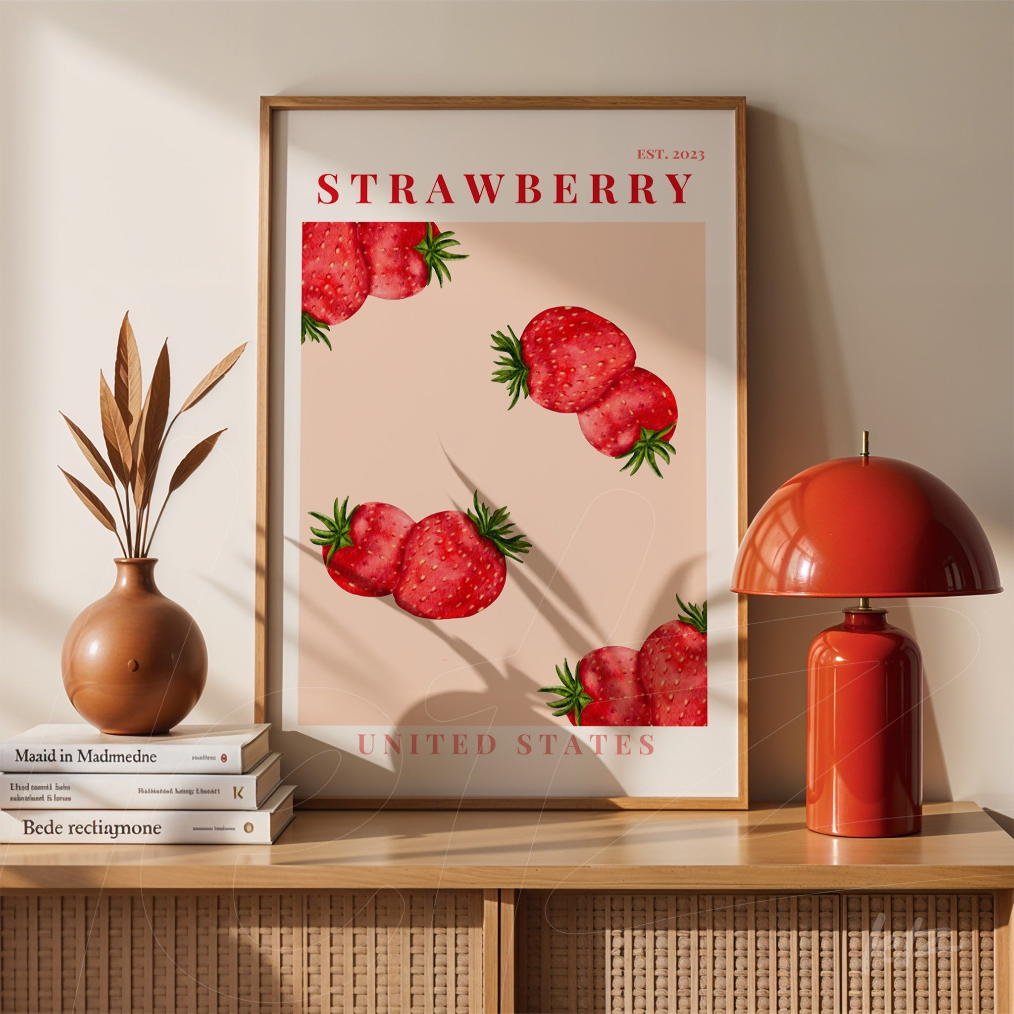 framed artwork featuring strawberries on a light pink background displayed on a wooden shelf next to a vase and a red lamp